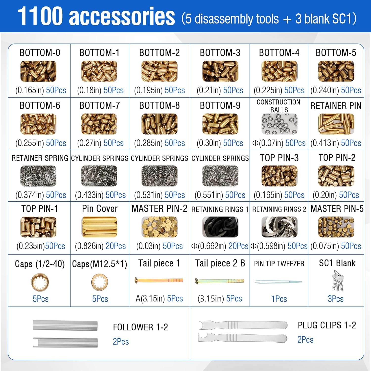 Re-Key Kit SC1 & SC4 Complete Rekeying Kit 1100-Piece for Sc-hlage Locks, Compatible with SC1/SC4 Door Component, Bottom Pin, with Pins, Springs, Cap, Tail Piece, Master Pin,and SC1 Pick