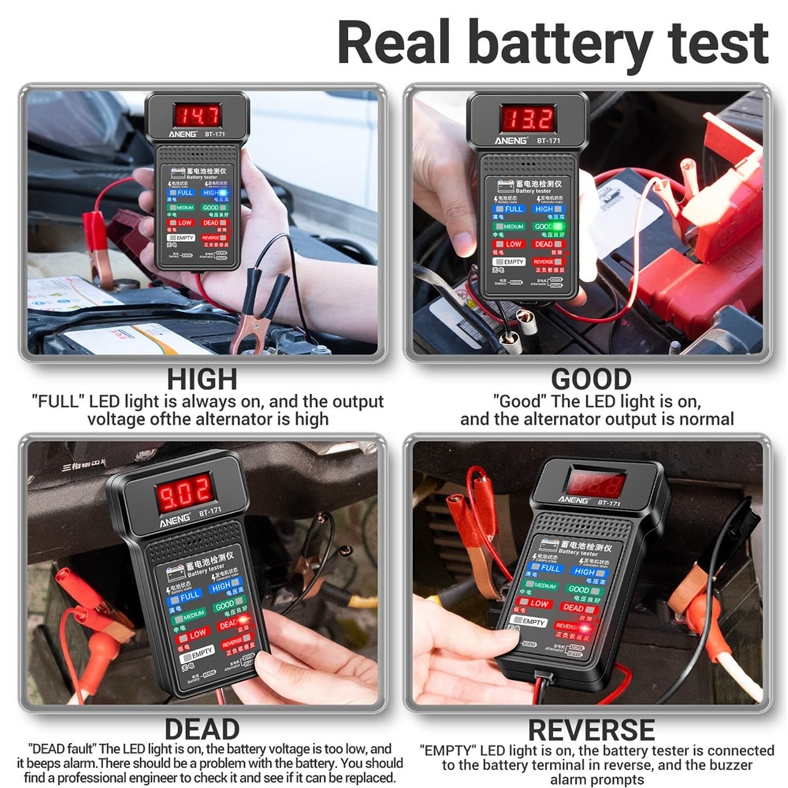 BT-171 12V Cyfrowy tester baterii Wskaźnik akumulatora do akumulatora samochodowego z zaciskami krokodylkowymi Wskaźnik stanu baterii LED Narzędzie dla elektryków