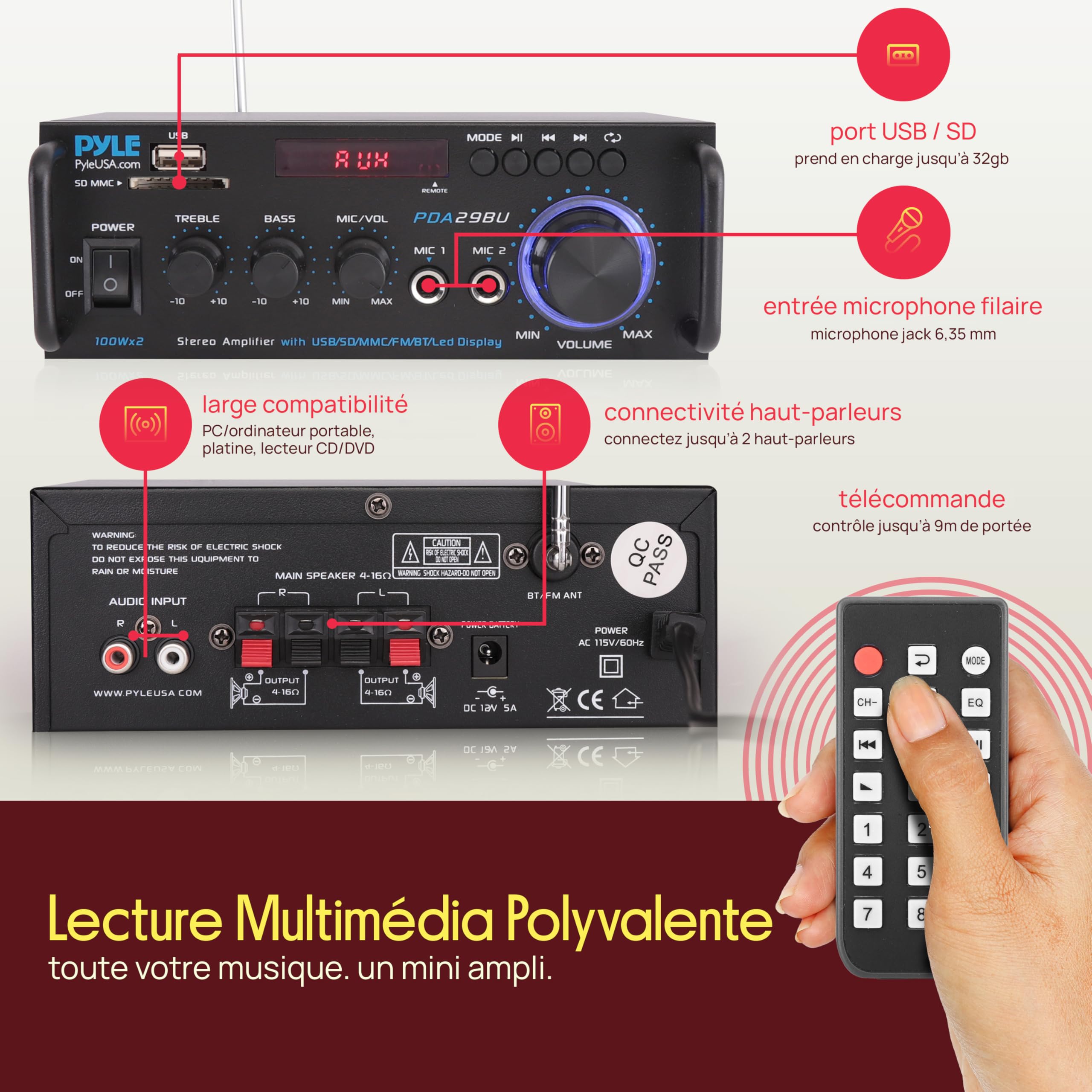 Pyle Amplificateur Audio Stéréo sans Fil Bluetooth - Système Récepteur Stéréo Audio à Deux Canaux de 200W avec RCA, USB, SD, Entrée Micro, Radio FM, pour Home Cinema Via RCA, Utilisation en Studio