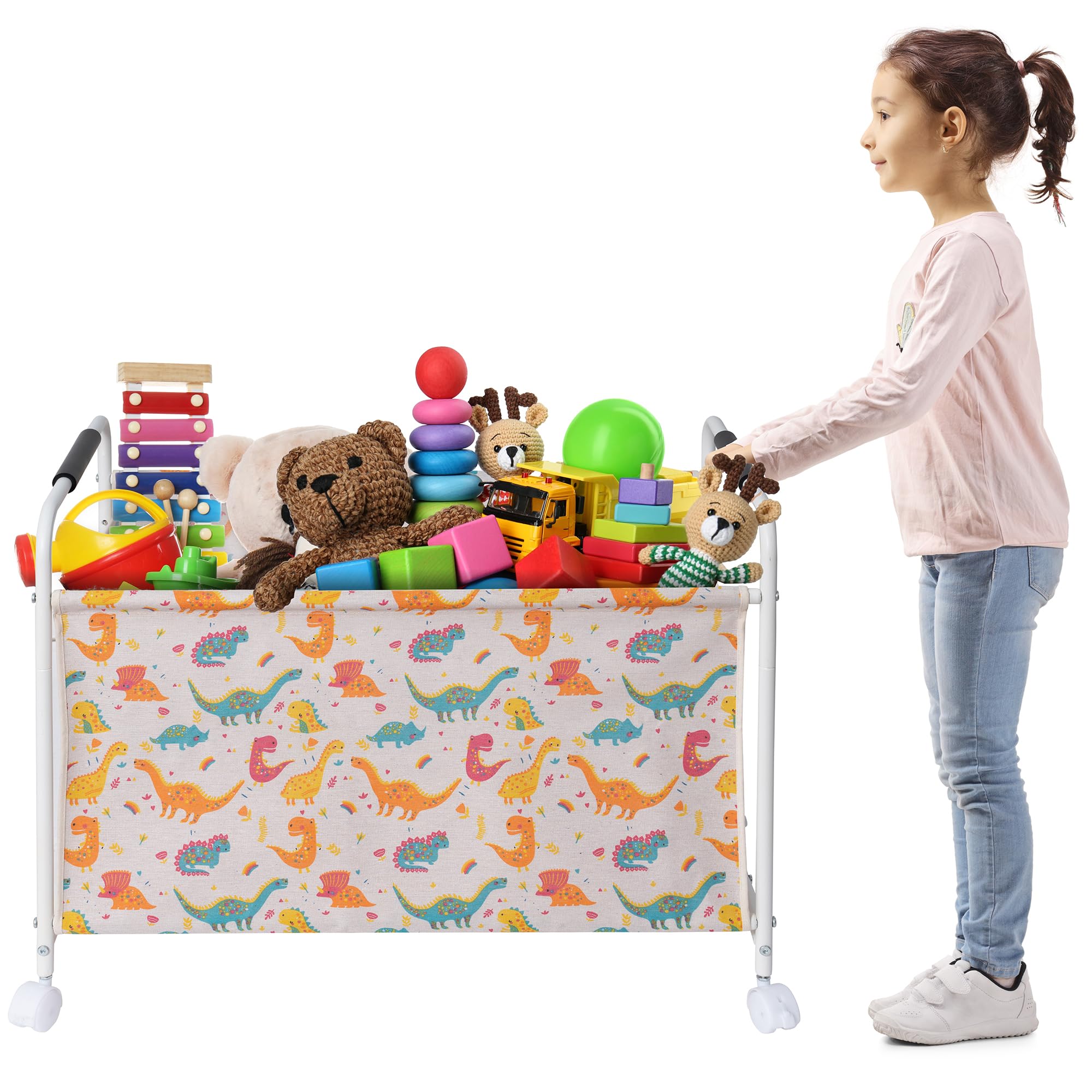 STORAGEIDEAS Large Toy Box Cart with Wheels, Sturdy Kids Toy Storage Organizer, Toy Chest Storage Bins Baskets for Boys, Girls in Living Room, Nursery, Playroom, Bedroom, 2 Sections, Dinosaur