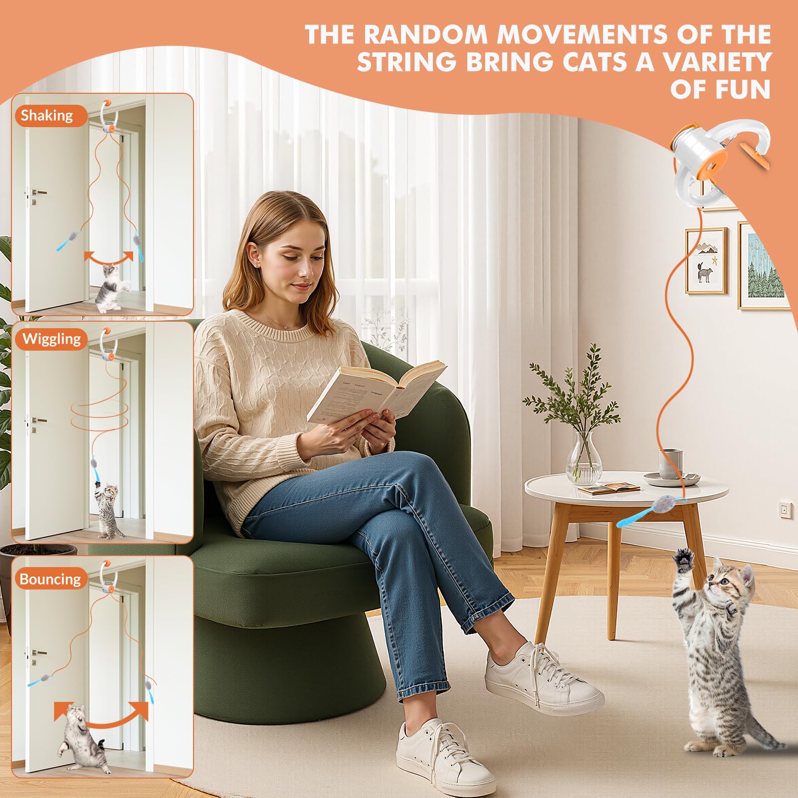 Wortade Interaktives Katzenspielzeug, wiederaufladbar, Federspielzeug für Indoor-Katze, hängendes einziehbares Teaser-Spielzeug, automatisches Kätzchen-Spieljagd, Übungsspielzeug mit drei Plüschmaus