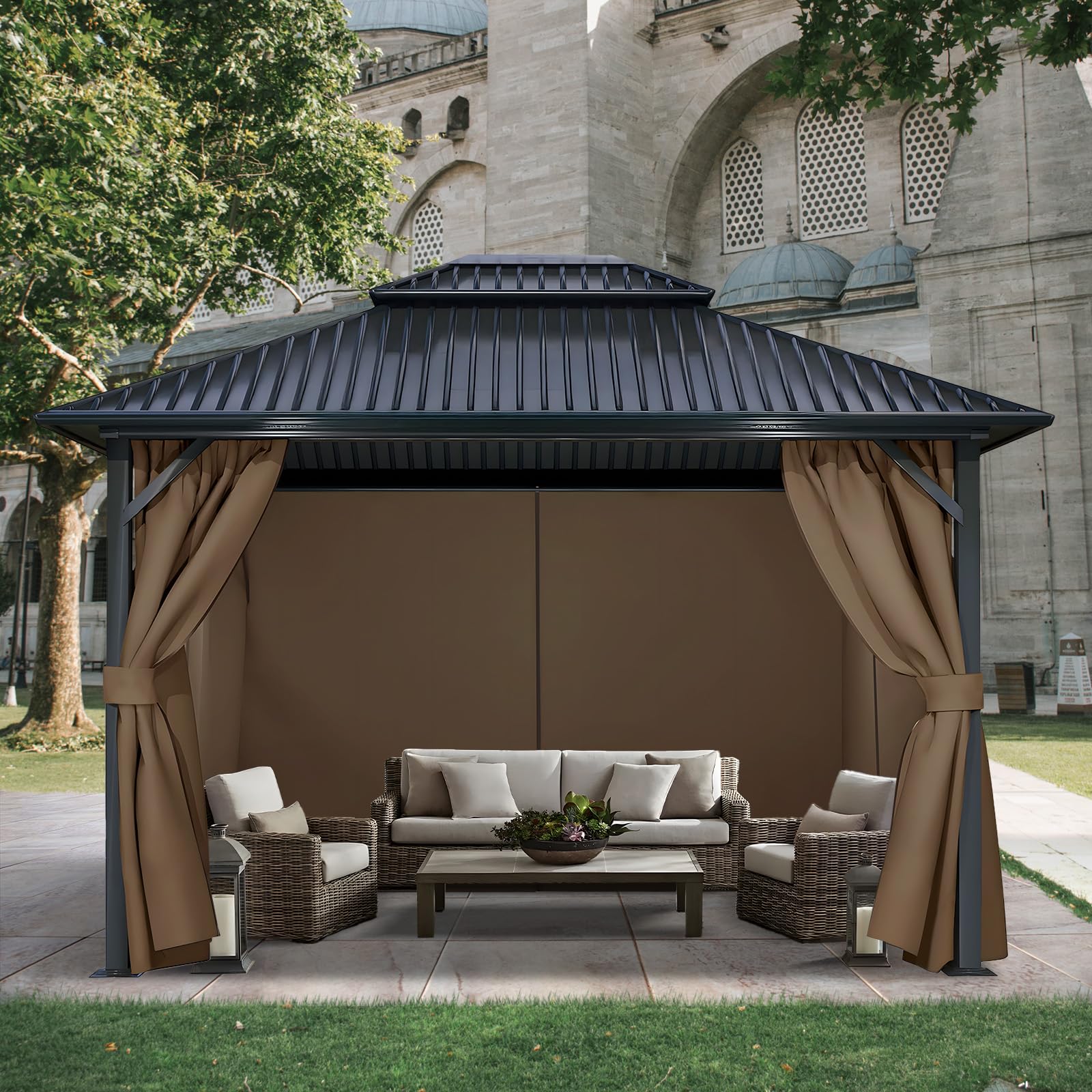 COWVIE 4PCS Pavillon Vorhang, 3 x 4 m Blickdichte & wasserdichte Seitenteile, UV-Schutz Outdoor Gardinen mit doppeltem Reißverschluss für Garten, Terrasse & Hof, Braun (nur Vorhänge)