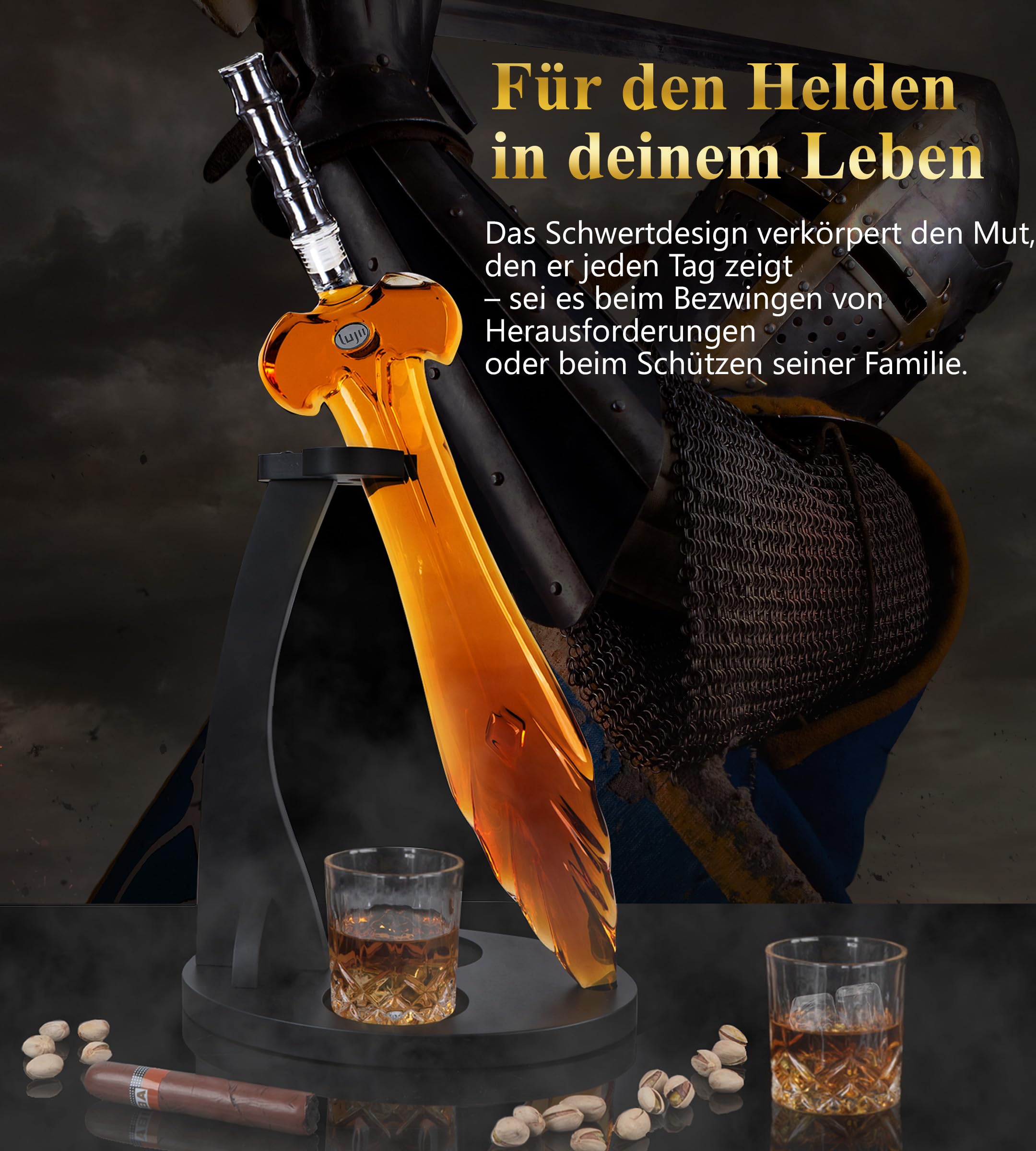 LUJII Heroisches Schwert Whisky Karaffe für Echte Männer, Whiskey Geschenkset mit 2 Gläsern und Holztablett, Personalisierte Geburtstag Hochzeitstag Geschenke für Papa, Ehemann, Freund, Sohn, 850ml