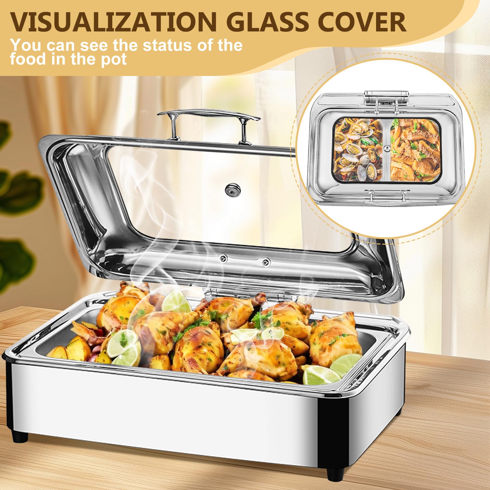 Chafing Dish Elettrico, Acciaio Inox Scaldavivande Elettrico per Buffet, Contenitore Vassoio di Riscaldamento con Coperchio Trasparente per Catering Buffet e Party (1/1)