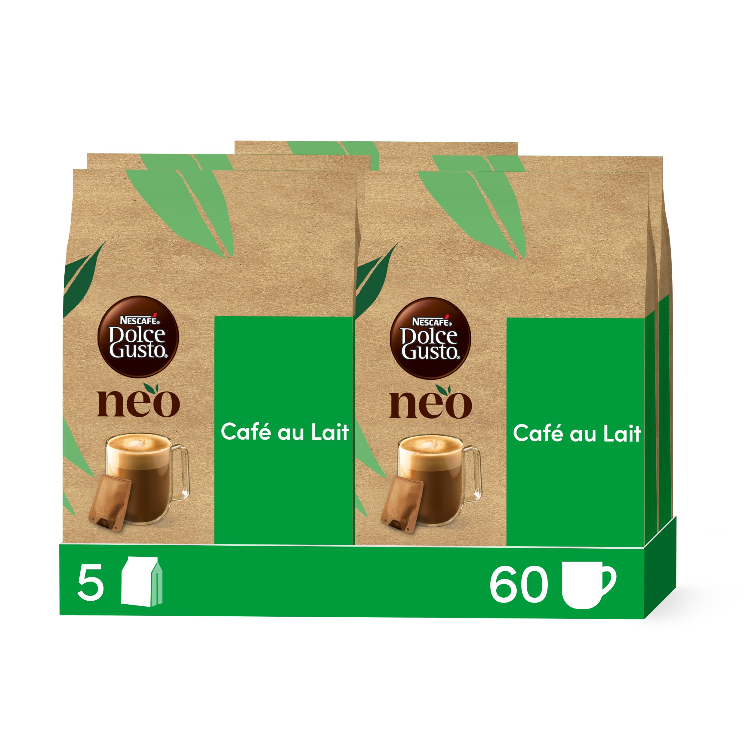 NEO Café au Lait - 60 Dosettes de café (5 boîtes de 12 dosettes) Compatibles uniquement avec les machines à café NESCAFÉ® Dolce Gusto® NEO