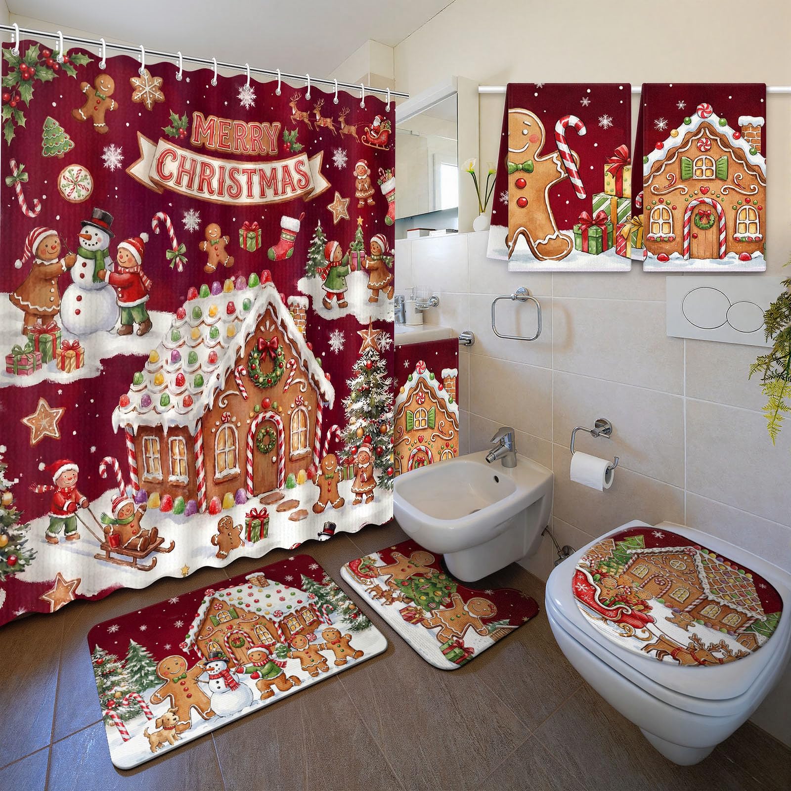 Nuanchu 6 Pcs Christmas Gingerbread Shower Curtain Set Rug Bathroom Sets