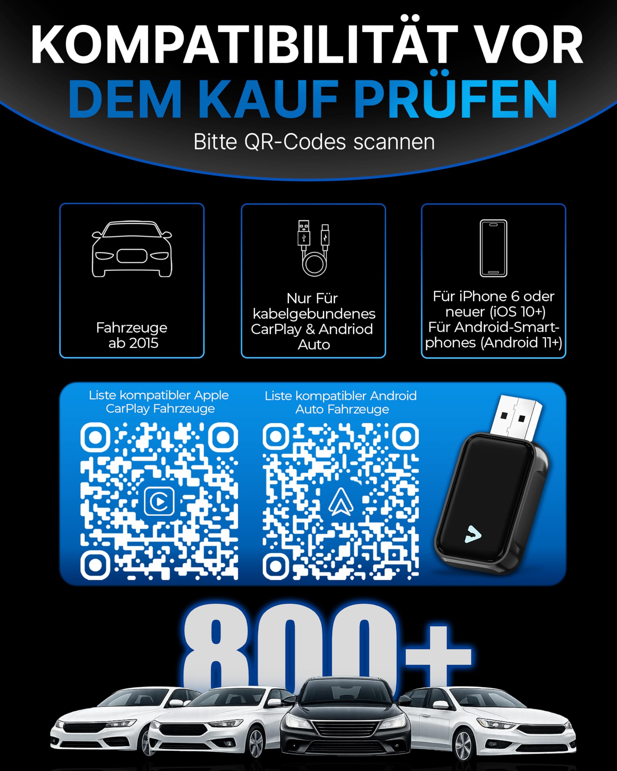 Carplay Wireless Adapter & Android Wireless Adapter fürs Auto – USB-A Plug & Play Nachrüstadapter, Upgrade auf kabelloses Apple CarPlay & Android Auto (Black)
