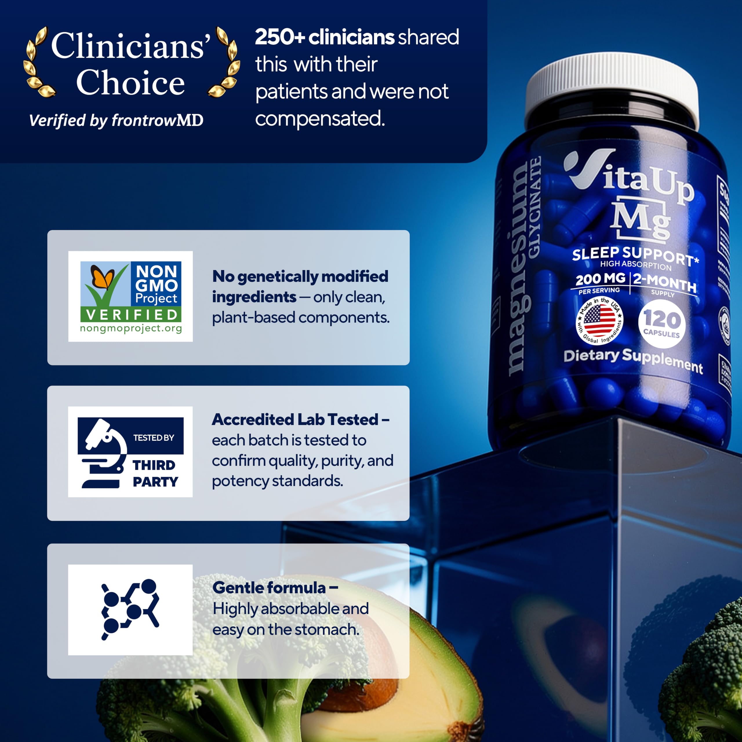 VitaUp Magnesium Glycinate 200mg - USA Made, Highly Absorbed, Non-GMO Magnesium for Relaxation, Deep Sleep, Bones & Heart - 200mg per Serving, 120 Vegan Capsules — Amazon image 5