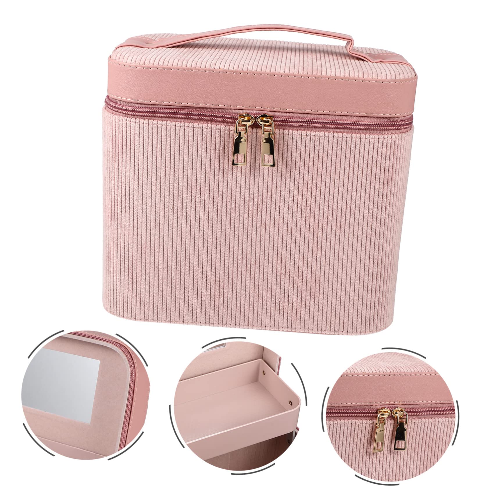 Mikinona Tragbarer Kulturbeutel Hartschale mit Spiegel Zweilagige Kosmetikaufbewahrungstasche aus Corduroy für Damen als Make Up Kasten und Reise Make Up Tasche