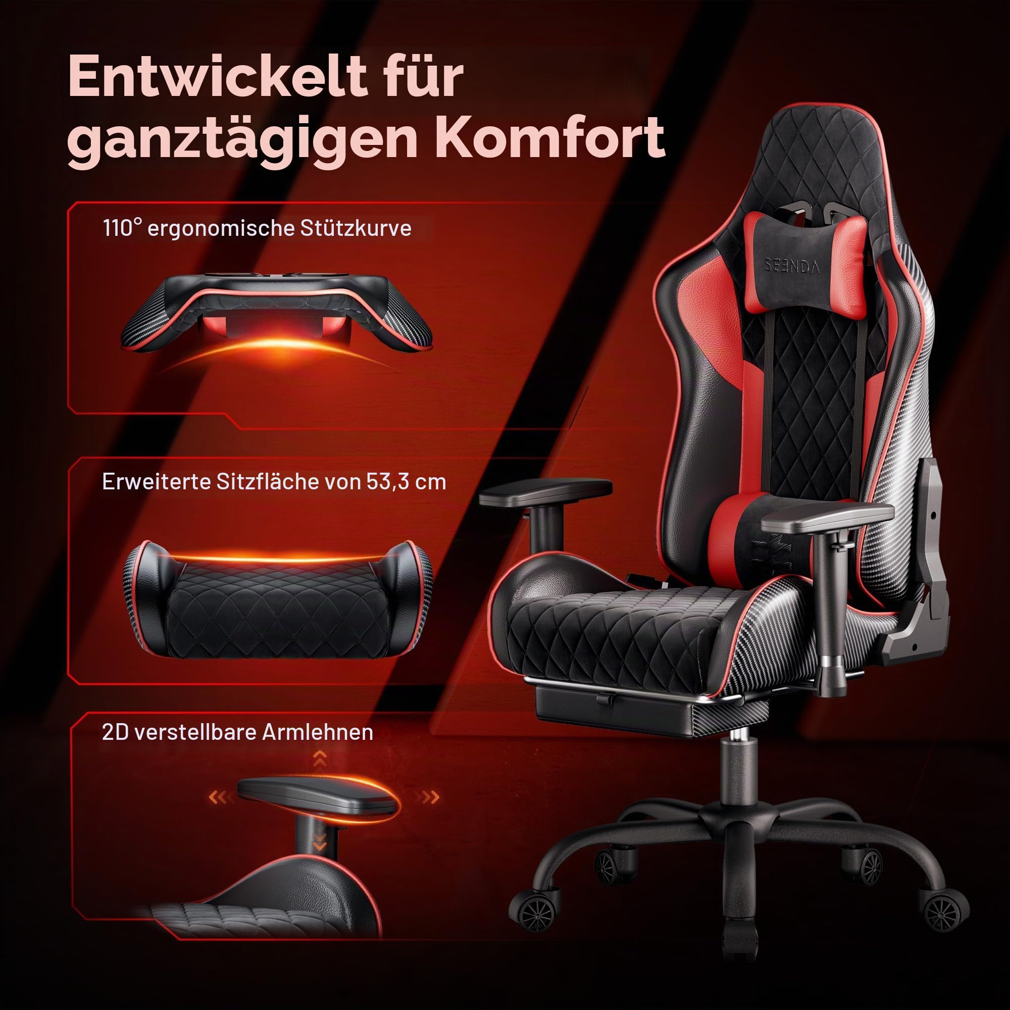 seenda GCPro-10 Ergonomischer Gaming Stuhl & Bürostuhl | 150 kg Vollmetall-Rahmen, 145° Neigung mit Fußstütze, 2D Armlehnen, Lendenwirbelstütze, High-Density Schaum, Carbon Design