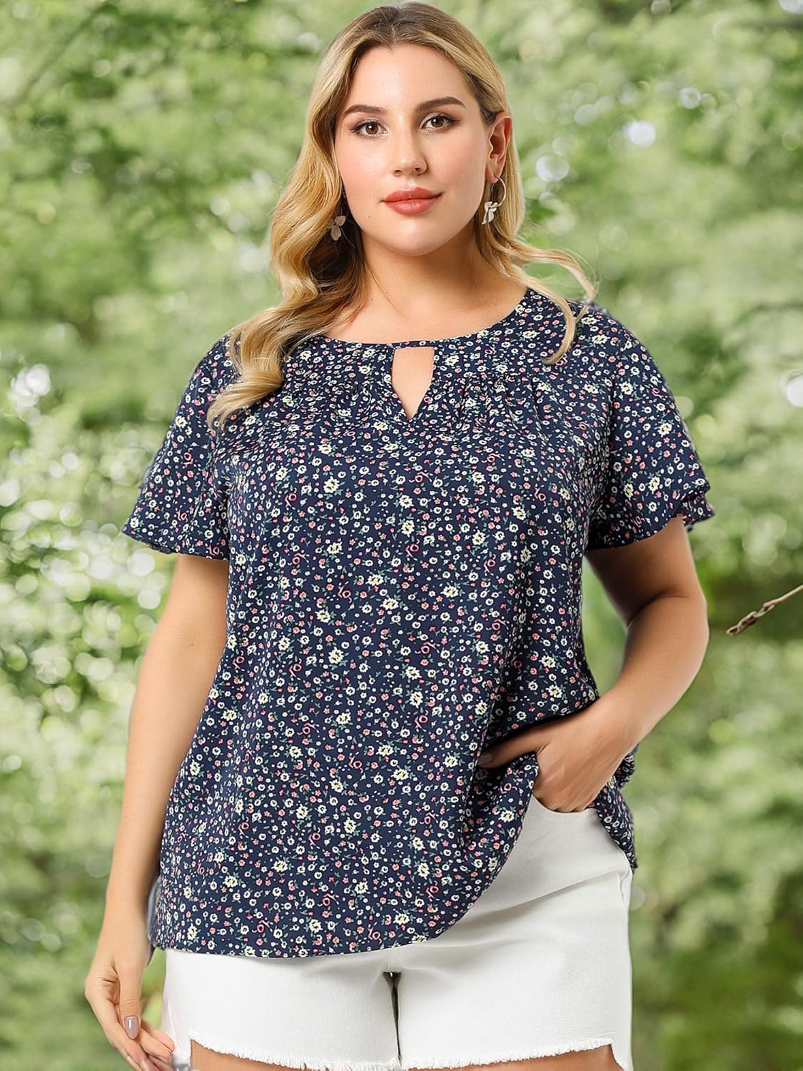 Agnes Orinda Women's Plus Size Blouses Summer Ruffle Short Sleeve Shirts Keyhole Chiffon Tops - Image 7