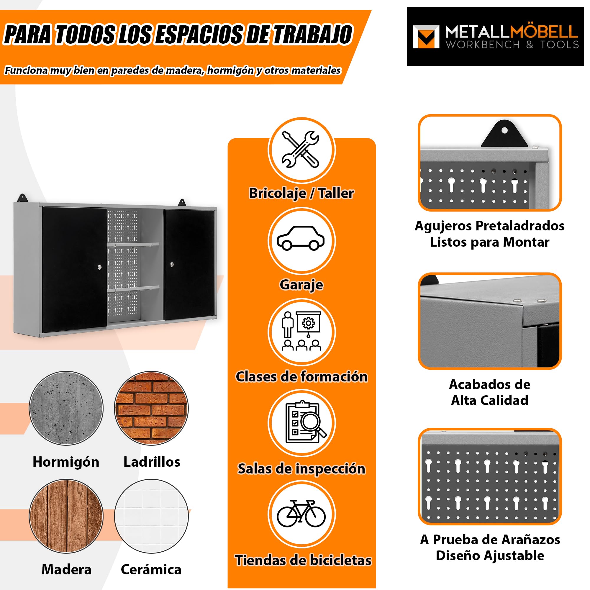 METALL MÖBELL WORKBENCH & TOOLS METALLMOBELL - Armario Metalico de Pared | 120x60x20cm, con Estanterías, Panel Herramientas y Cerradura | Armario Almacenaje, Mueble Almacenaje MB03G