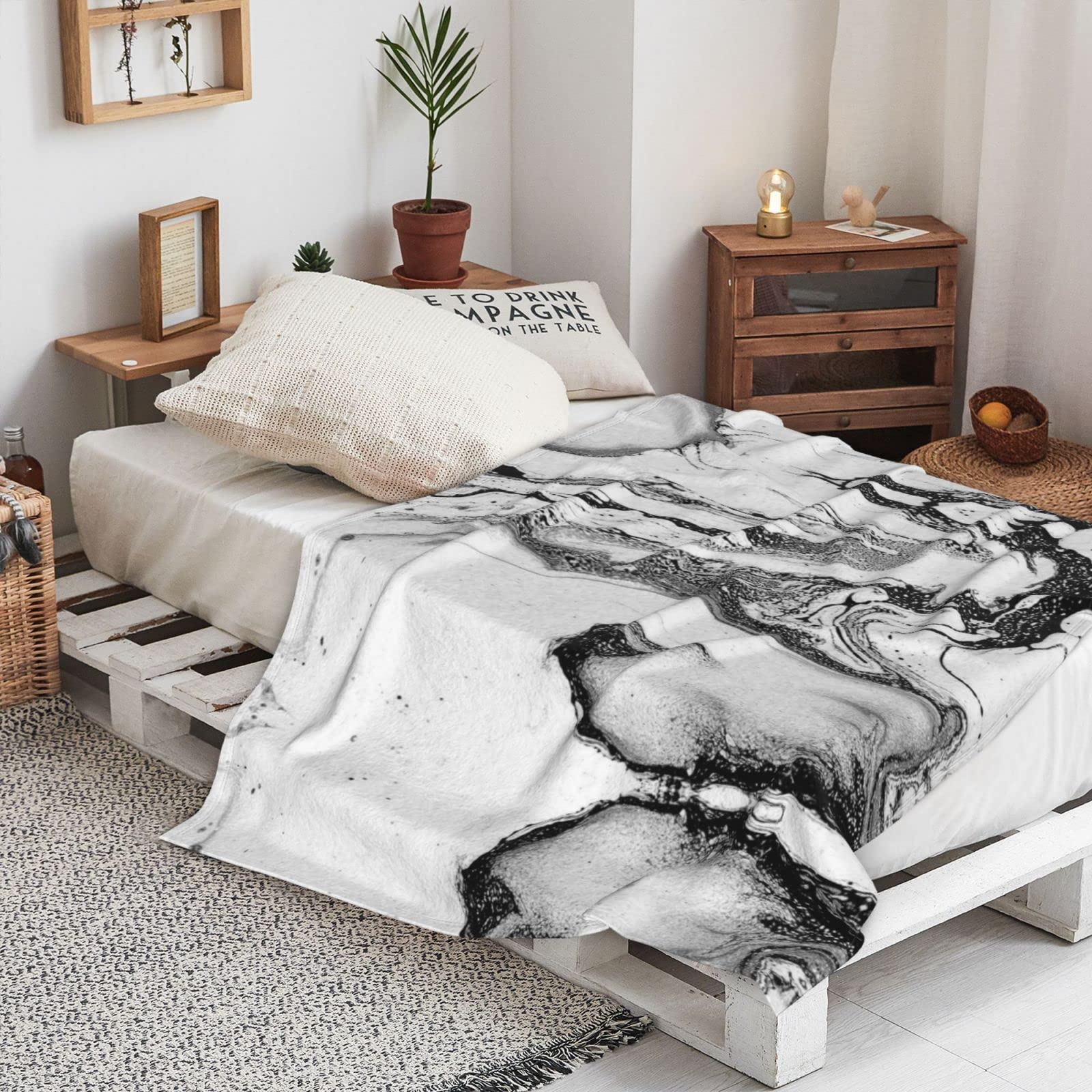 Schwarze Marmor-Flanell-Decke – 152,4 X 127 Cm, Weich, Flauschig, Ganzjährig Nutzbar Für Sofa, Bett & Reisen