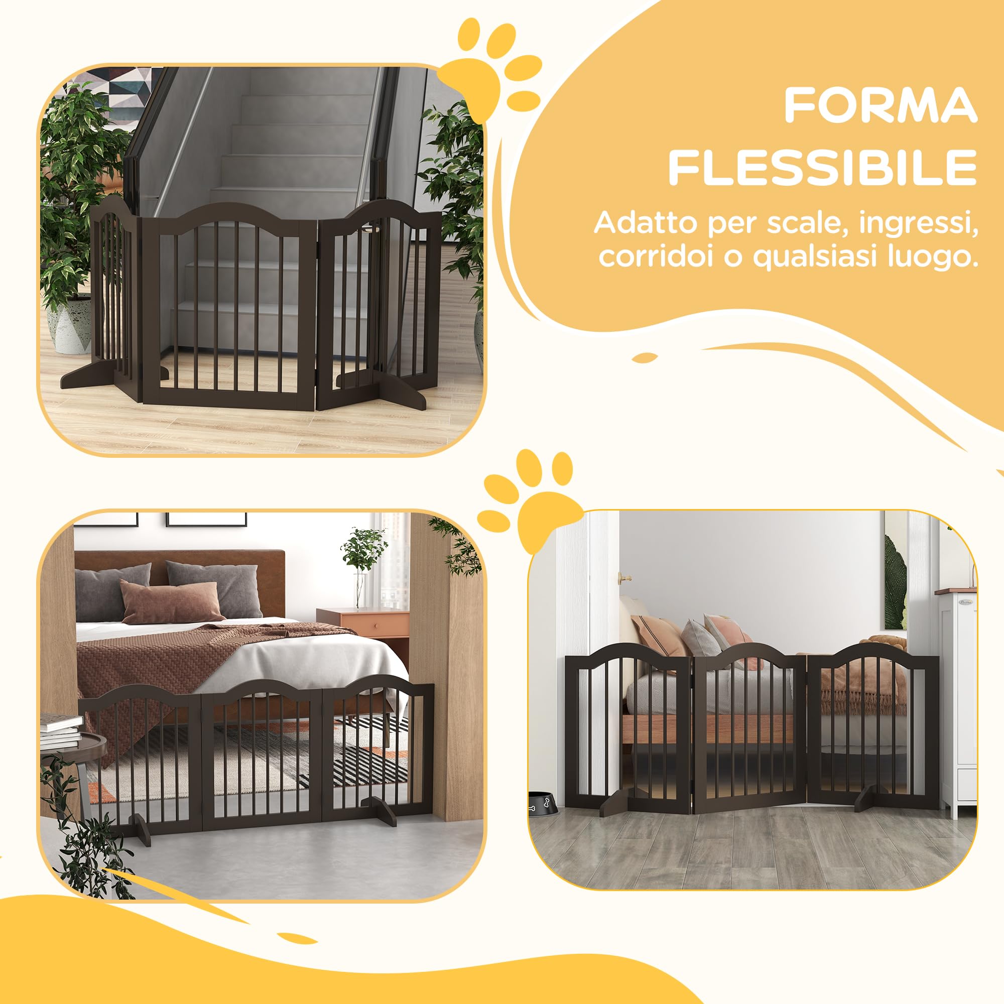 PawHut Cancellino per Cani Pieghevole a 3 Sezioni in Legno, Barriera per Cani, 154.5x29.5x61cm, Caffè