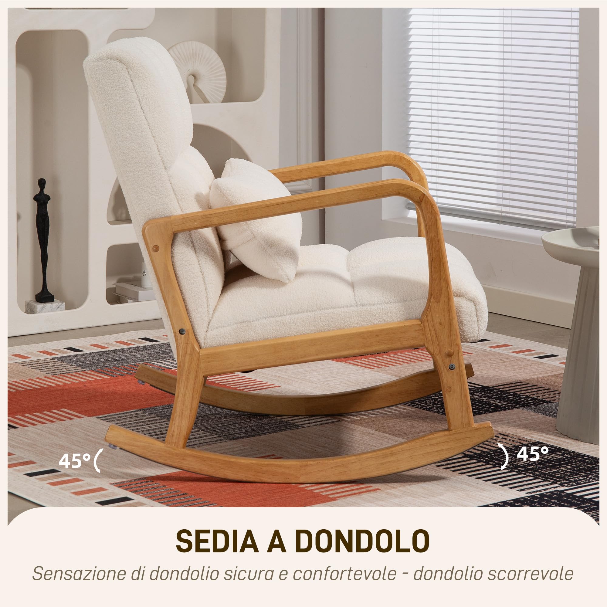 HOMCOM Poltrona a Dondolo 90°-130° con Cuscino Lombare, Poltrona per Salotto in Tessuto Sherpa e Legno, 64.5x82x89 cm, Bianco e color Legno