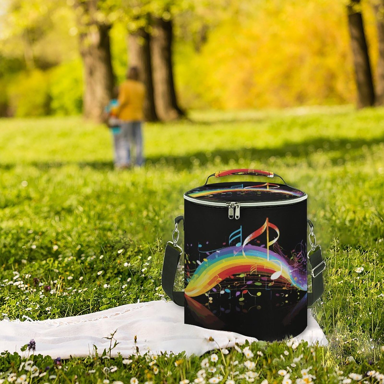 Borsa termica morbida con melodia di note musicali arcobaleno, multi-tasca, borsa da spiaggia isolata a prova di perdite, pieghevole, per spiaggia, viaggi, lavoro