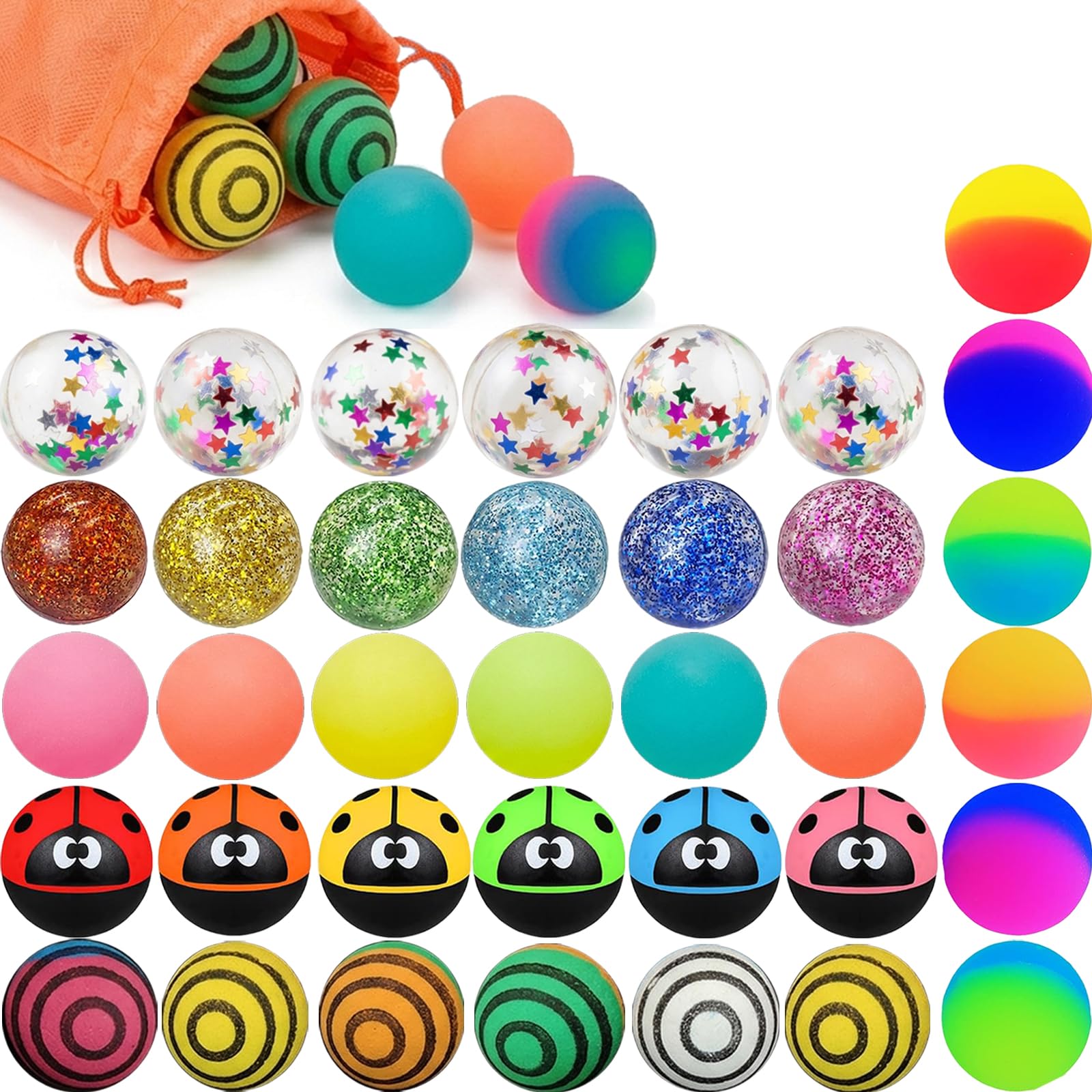 36Pcs Bouncy Balls for Kids Party Bag Fillers-30mm Rubber Balls 6 Styles with Bag, High Bounce Toy for Birthday Party Favors,Colourful Classroom Prizes, Pinata Stuffers Great Gift for Boy&Girl Ages 3+