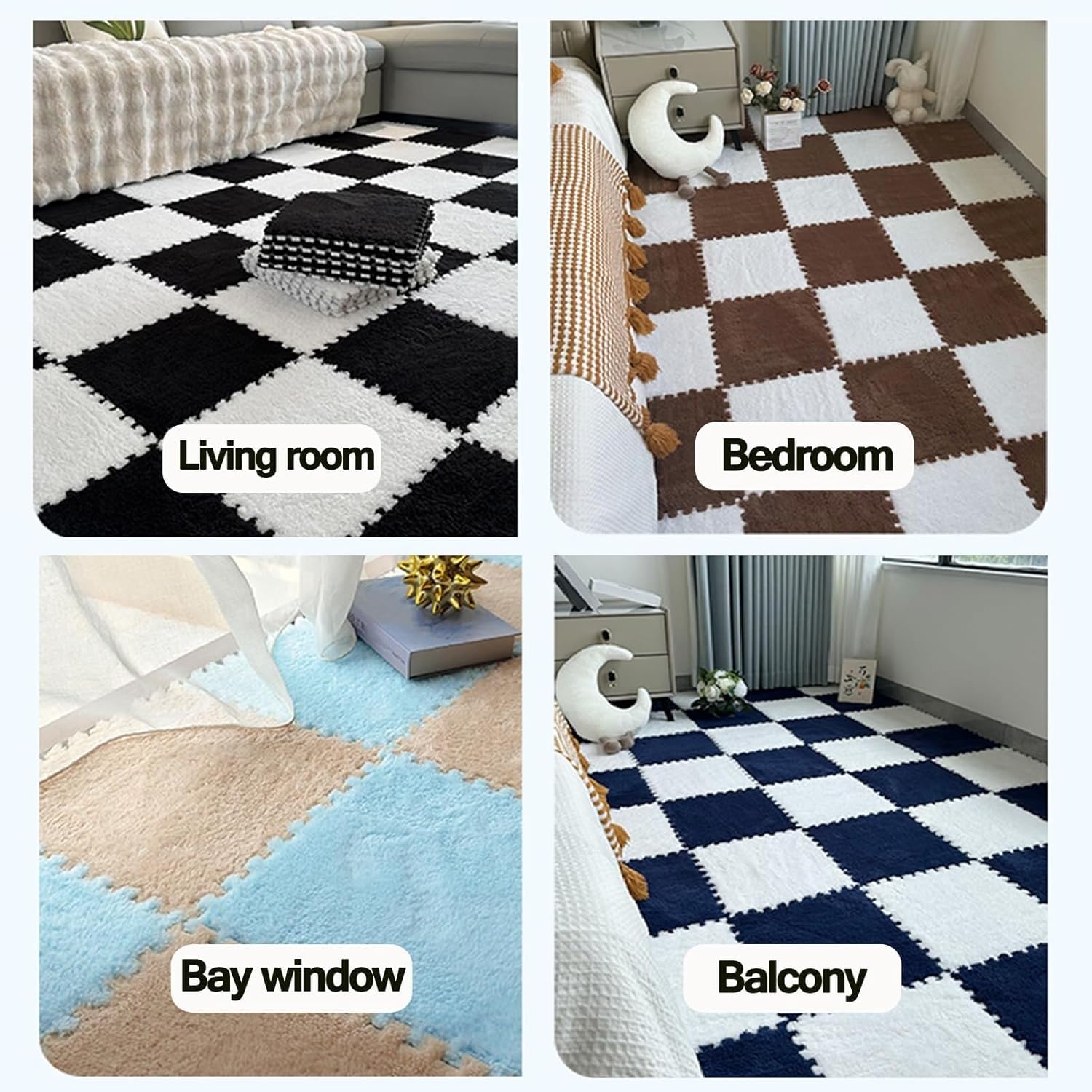 50pcs Carpet Puzzle Mats for Floor, Plush Foam Interlocking Carpet Tiles with Border, Fluffy Foam Floor Mat Tiles for Livingroom Playroom(Light Blue+Dark Blue)