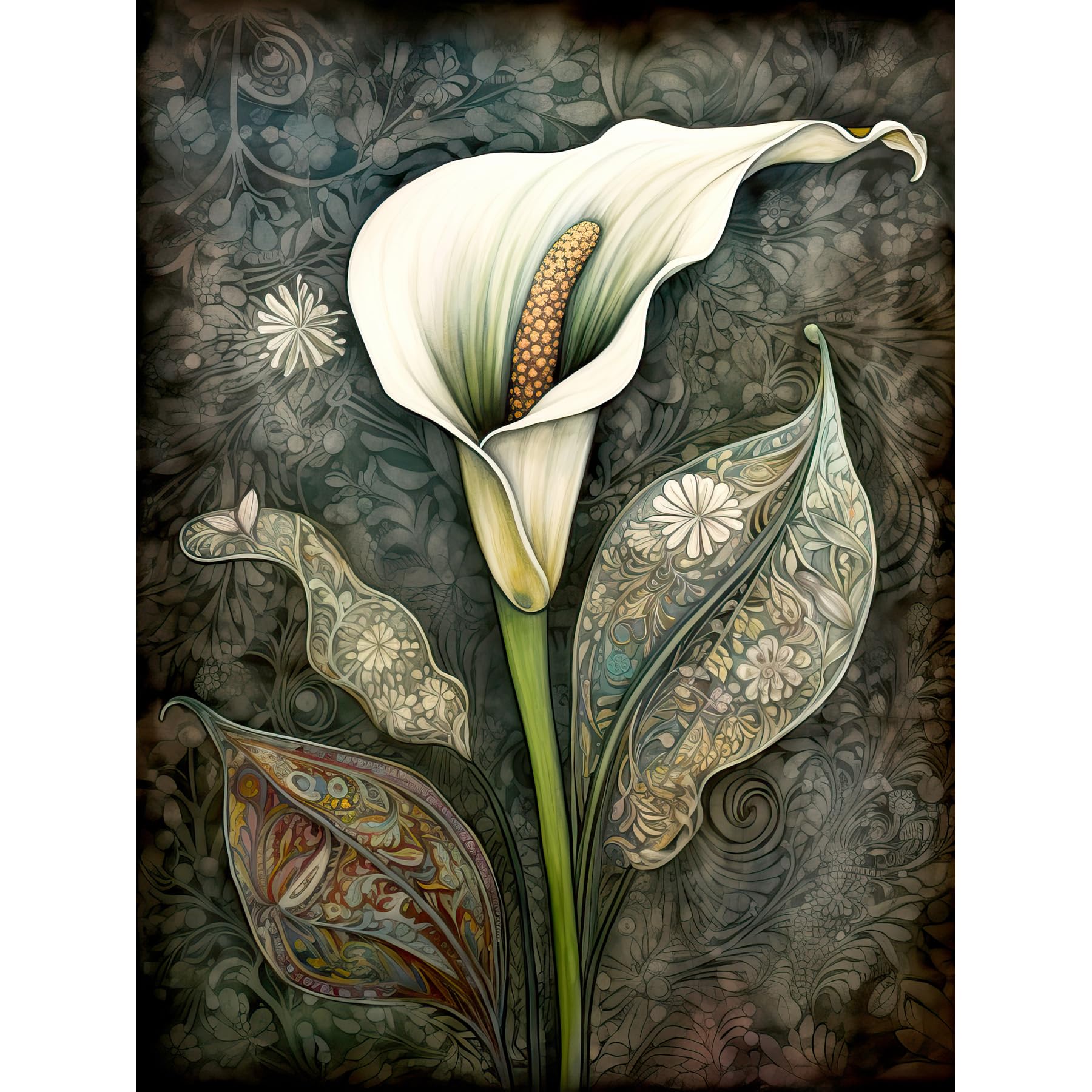 Artery8 Calla Lily Flower Bloom with Batik Style Patterns Large Wall Art Poster Print Thick Paper 18X24 Inch