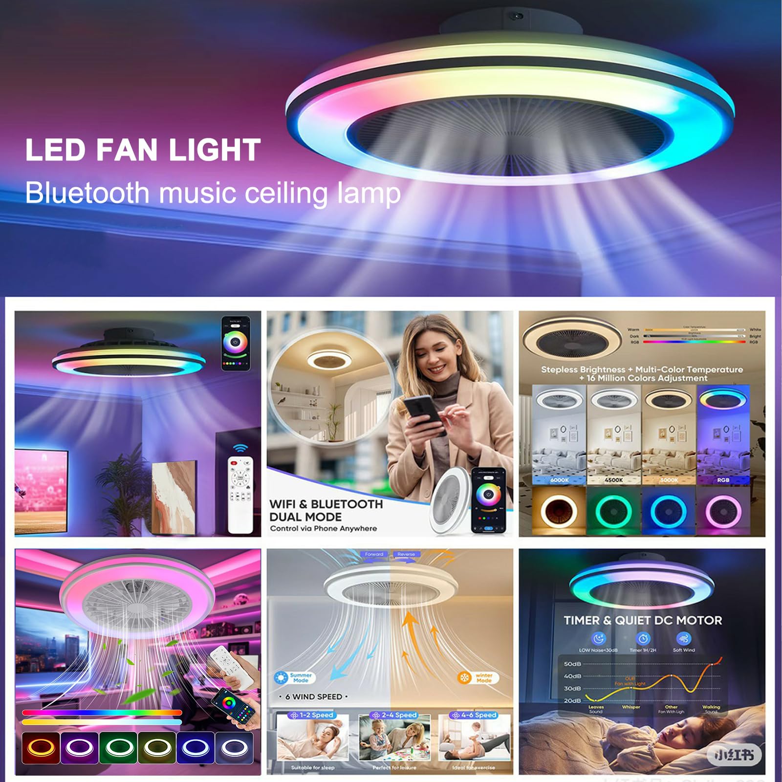 Ø50CM RGB Lampada Ventilatore Soffitto con Telecomando per Soggiorno | LED Lampadario Ventilatore con Altoparlante Bluetooth 6 Velocità Reversibile Dimmerabile Timer APP per Camera da Letto