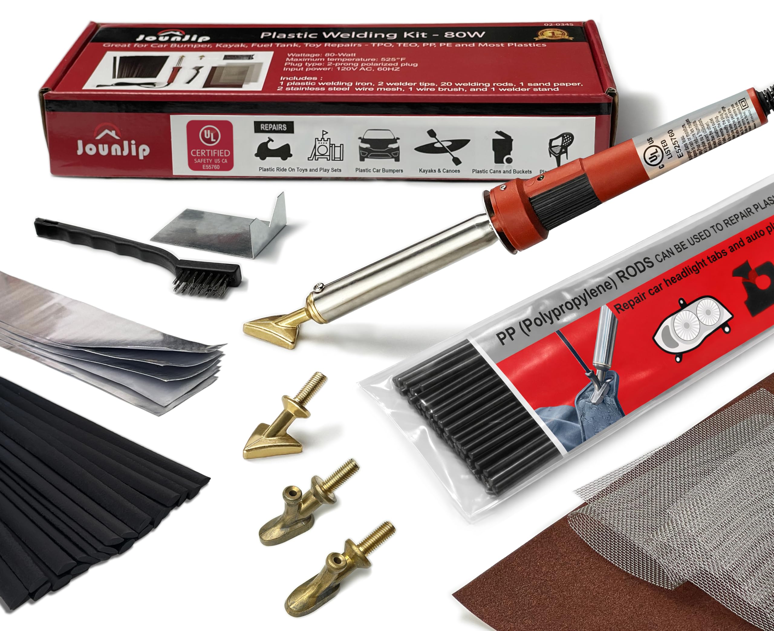 JOUNJIP Deluxe Plastic Welding Kit - UL Certified, 17 Pieces Aluminum Repair Tape, Sandpaper, 2 Triangle Soldering Iron Tips, 2 Soldering Iron Starter Tips, 4 Mesh