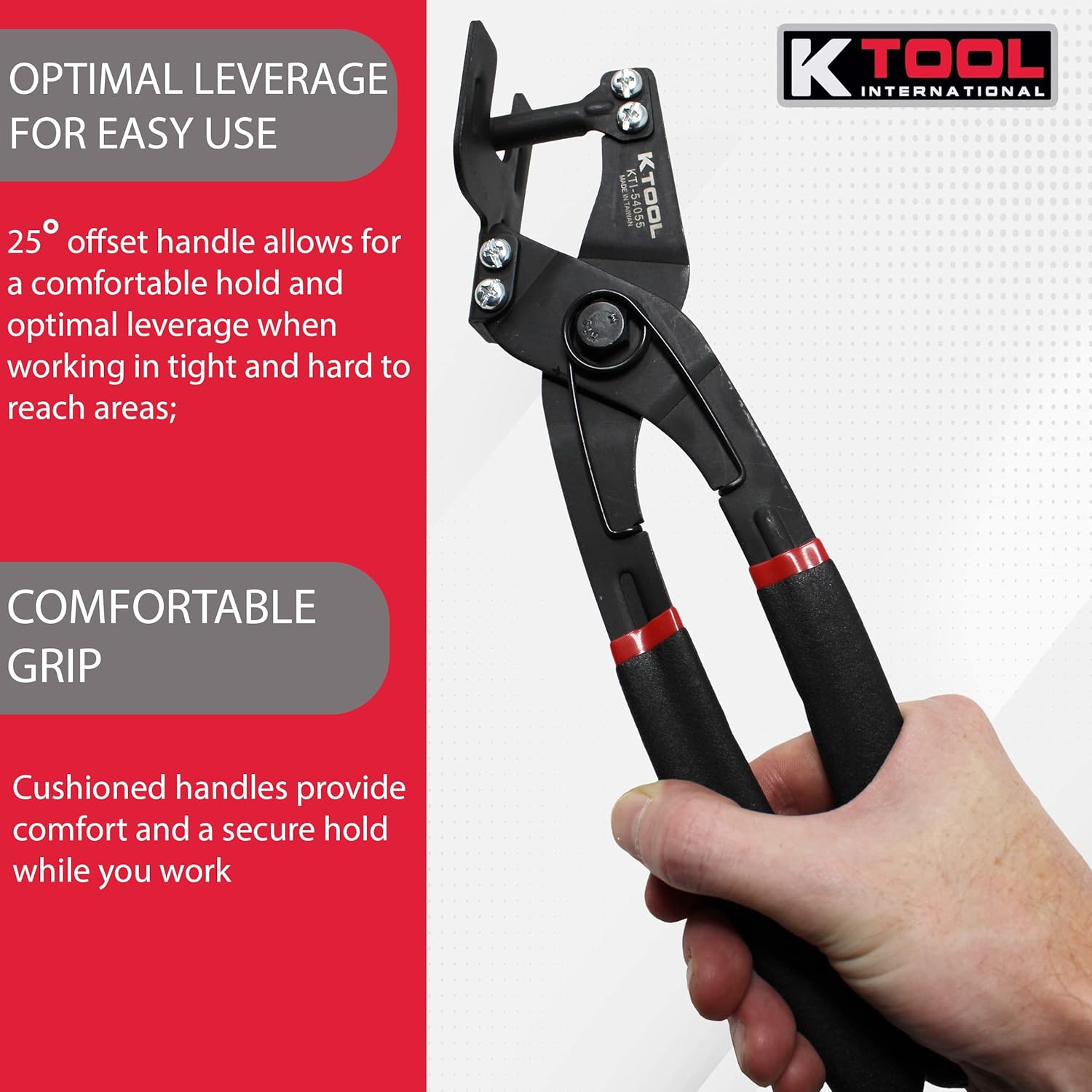 K Tool International 54055 Automotive Exhaust Grommet Pliers for Garages, Repair Shops and DIY, Self-locating Forcing Pin, Cushioned Slip-resistant Handles, 25 Degree Offset, Black/Red