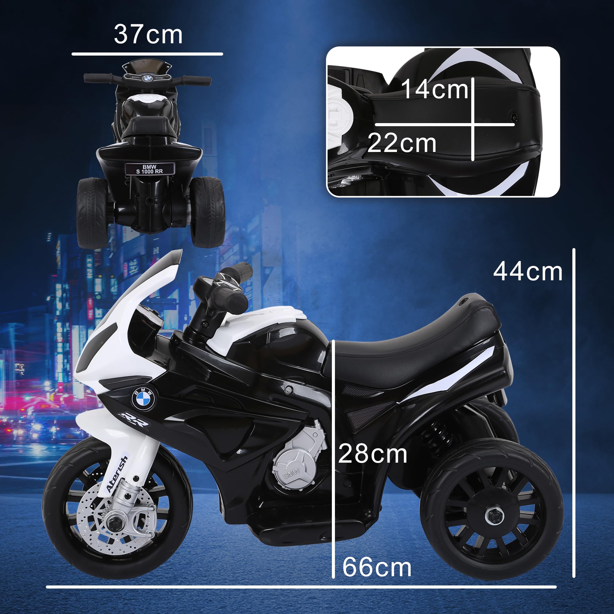 HOMCOM Elektro Kindermotorrad BMW S1000RR Elektromotorrad mit Musik, Scheinwerfer, Kinder Elektro Motorrad für Kinder von 18-36 Monaten Schwarz