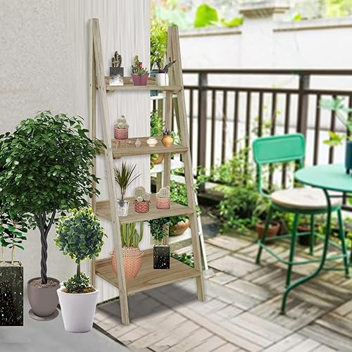 Miniatura 2 de Babion Estante de escalera de 4 niveles, estante de escalera para plantas, color marrón, sólido, estante inclinado de madera, soporte independiente