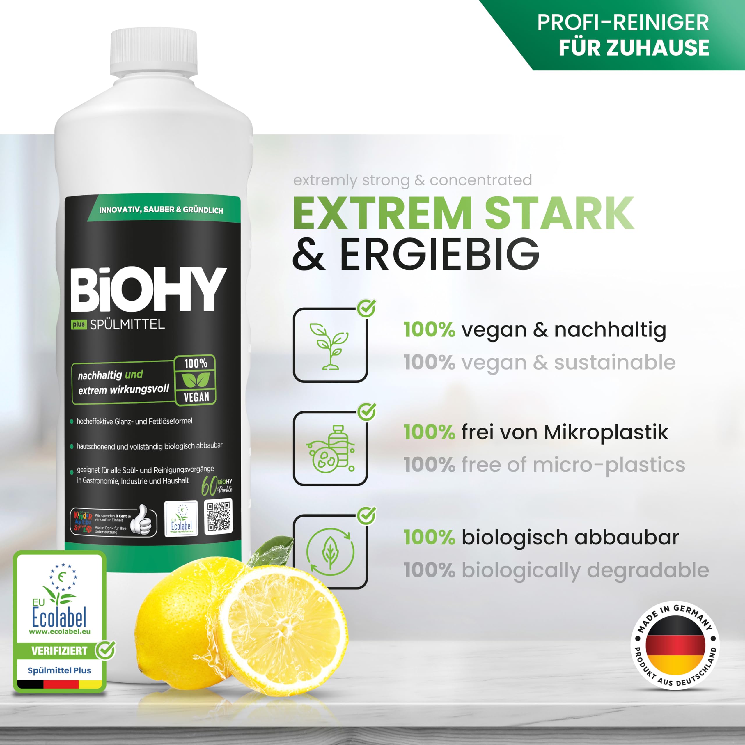 BiOHY Detergente para lavavajillas Plus (botella de 1 l) + dispensador de bomba, concentrado líquido orgánico para vajilla con etiqueta ecológica de la UE, desengrasante extrapotente, ideal para