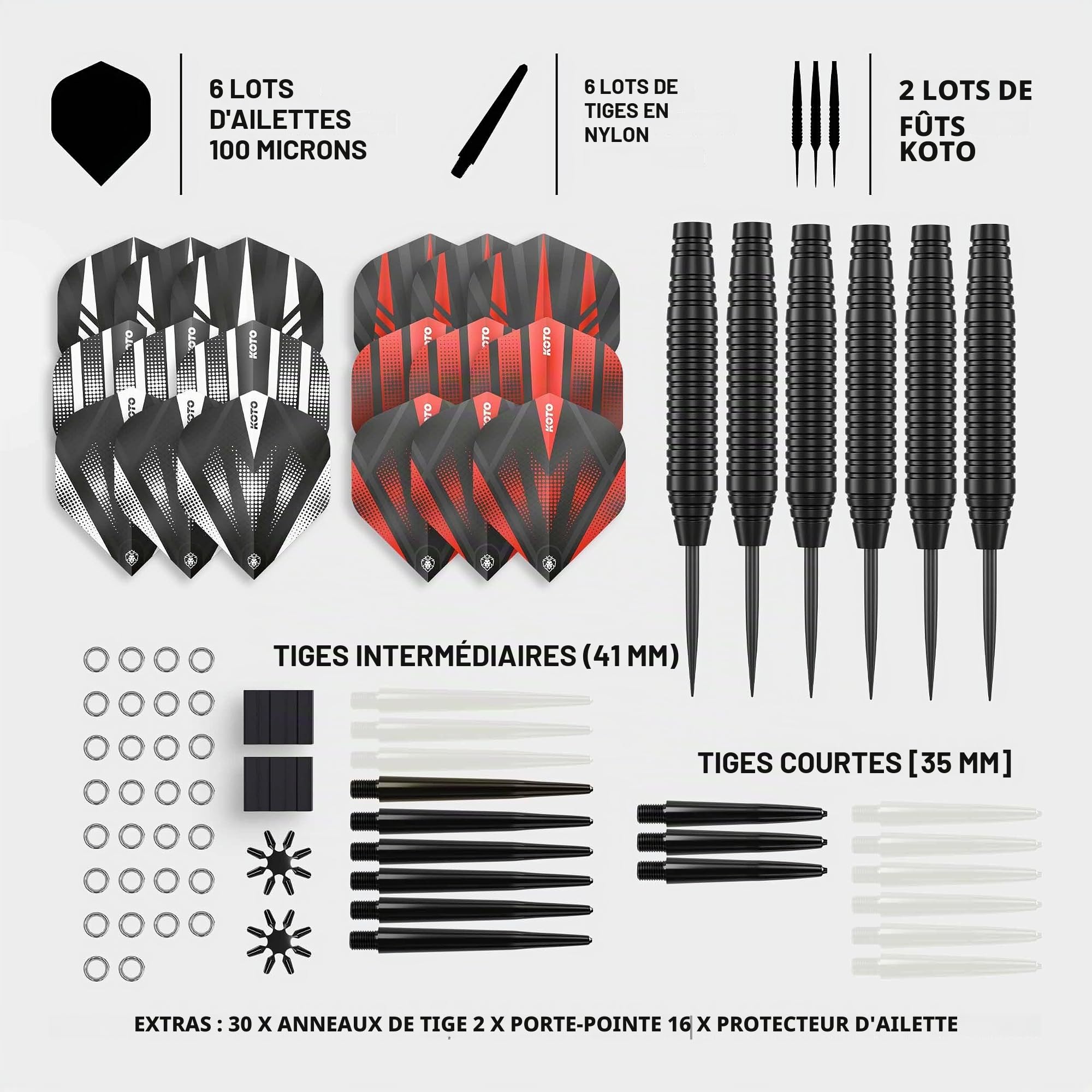 KOTO - King Pro 360 Cible Fléchettes & Accessoires, Sisal, Fléchettes 23G | Noir, 90 Pièces D'Accessoires, Incl. Fléchettes Acier Laiton, Surround Sans Agrafes, 6 Pièces Flights & Shafts, 360°