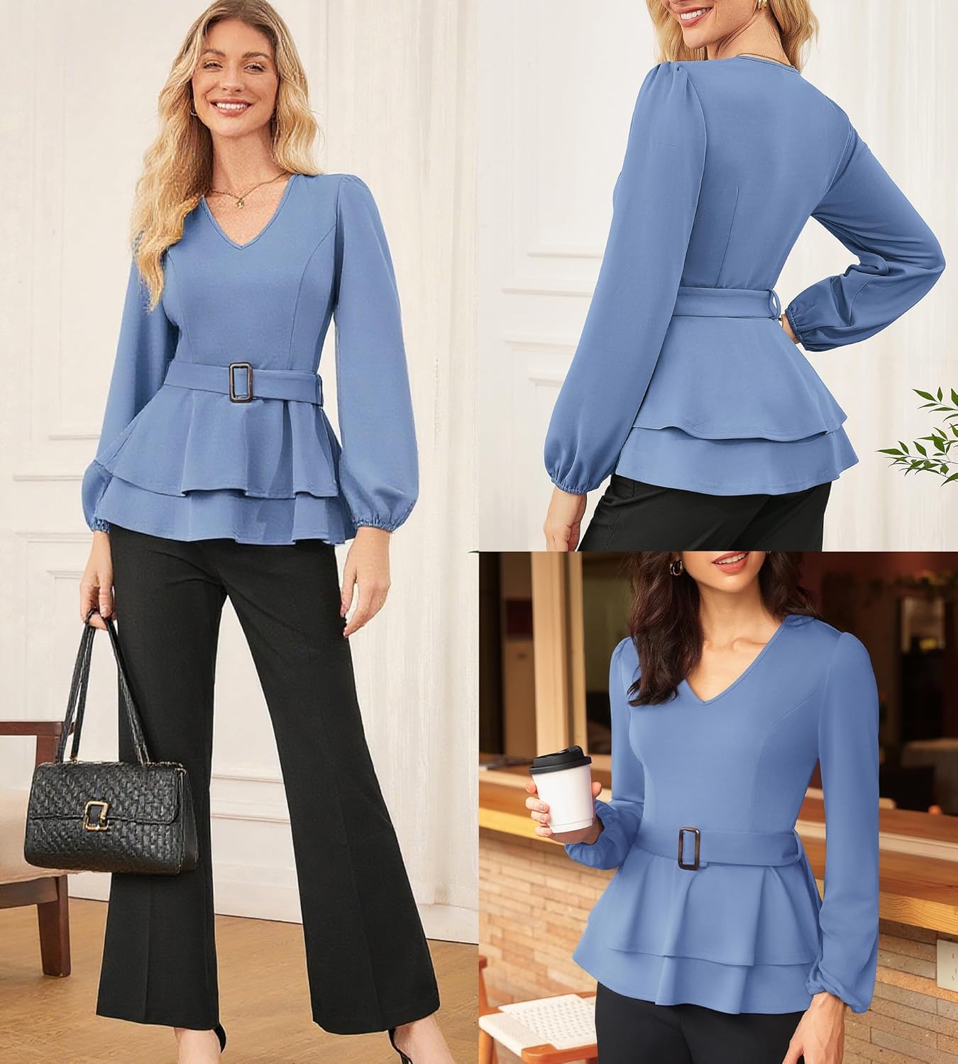 GRACE KARIN Women Work Peplum Tops,Long Sleeve Dressy Casual Blouses,V Neck Business Shirt Fall Outfits with Belt - Image 2