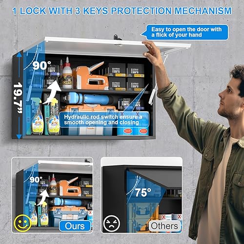 Miniatura 4 de Armario de pared de metal con puerta abatible, armarios de almacenamiento de garaje con estante ajustable, gabinete de bloqueo montado en la pared