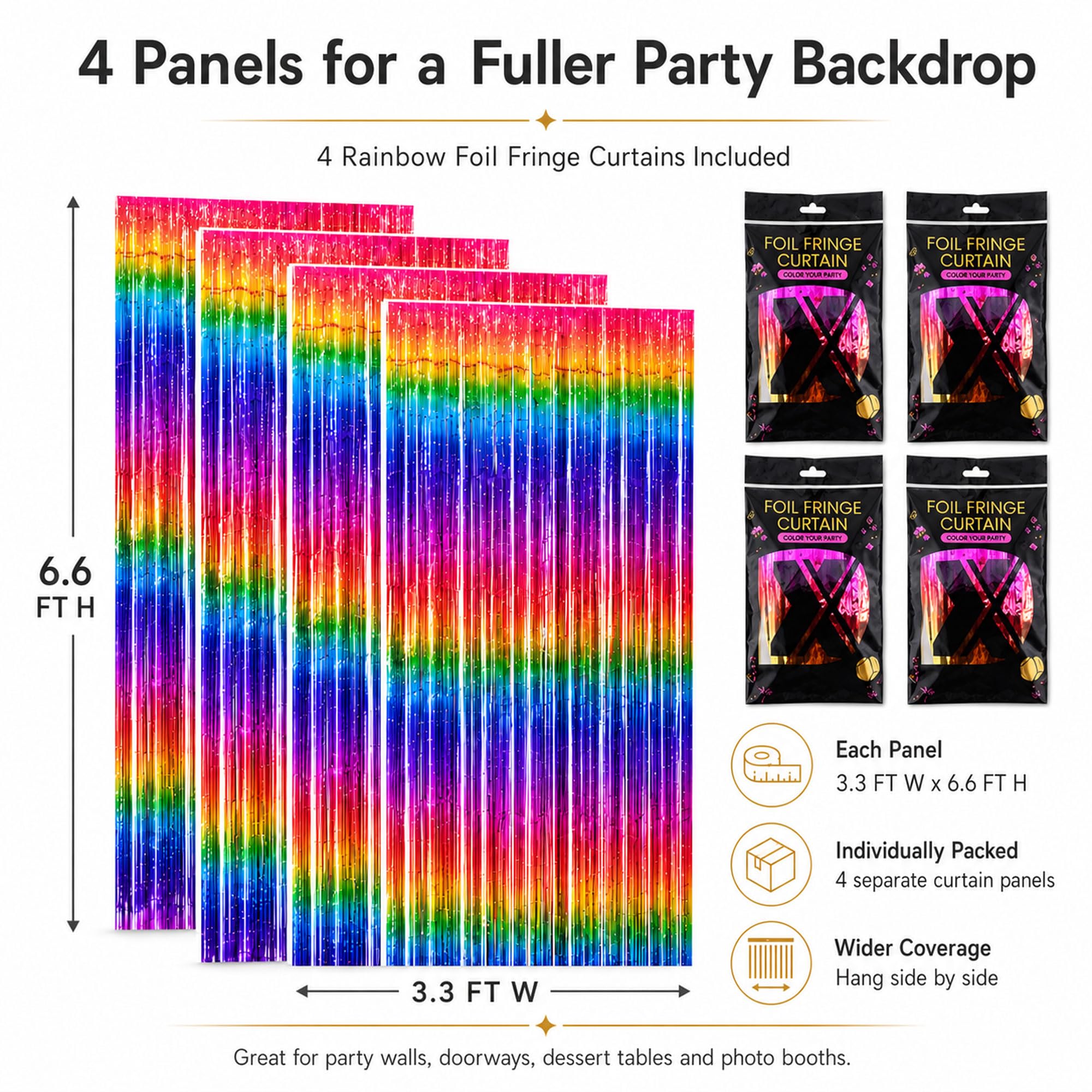 Paquete de 4 cortinas de flecos de papel de aluminio arcoíris brillante, telón de fondo metálico para cabina de fotos, accesorios para cumpleaños, despedida de soltera, día del orgullo gay,
