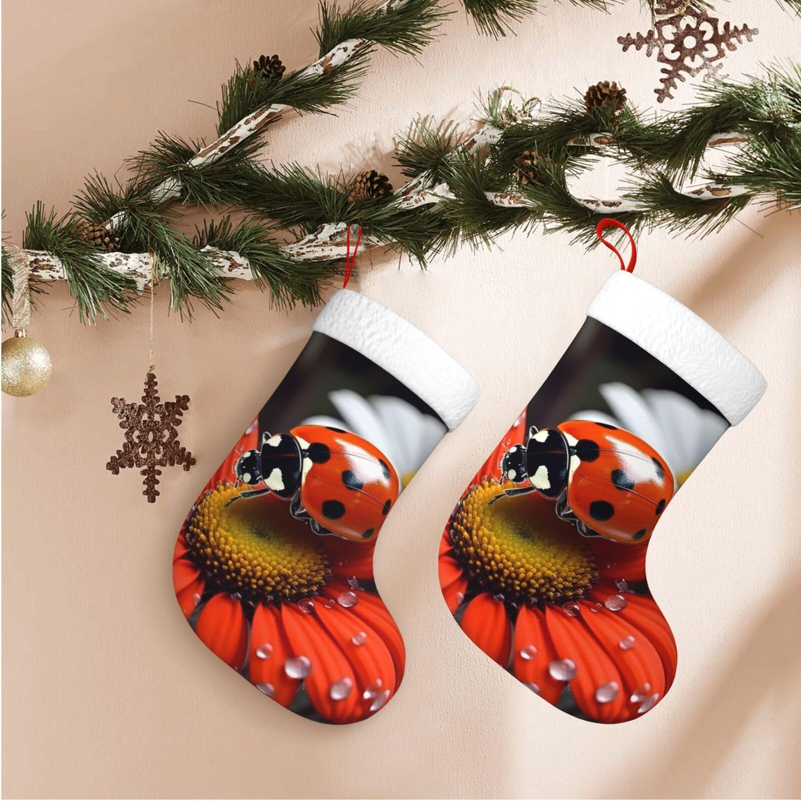 Ladybug Daisy Christmas Stockings Velvet Xmas Fireplace Hanging Stocking with Plush Cuff Rustic Christmas Santa Stockings for Home Christmas Decorations Party Favor Supplies