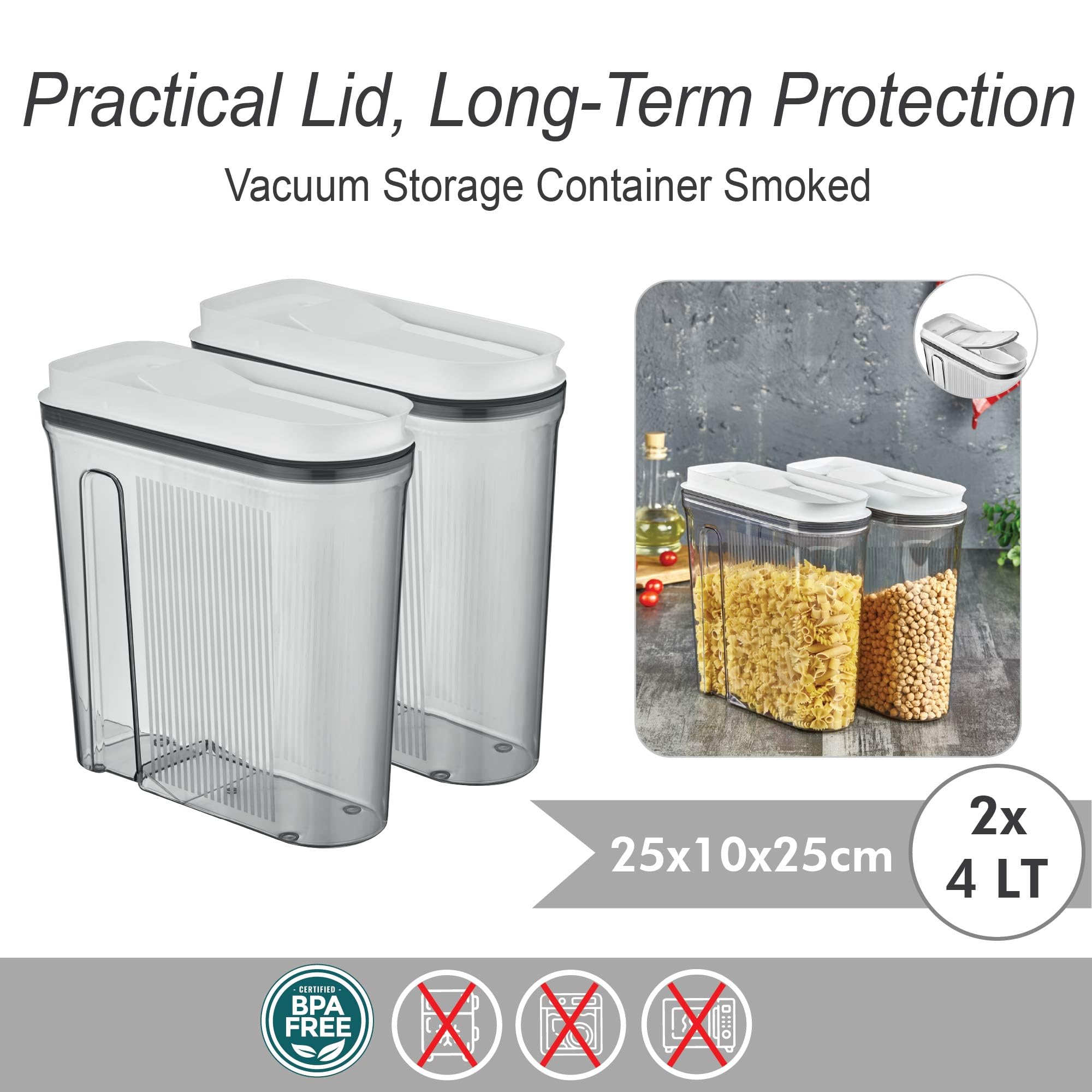 Vip Ahmet 12er Set Schmale Vorratsbehälter mit Dosierklappe - 4 Liter Transparent Luftdichte Küchen Aufbewahrung, BPA-frei, Schmales Design 25x25x10 cm VP-298