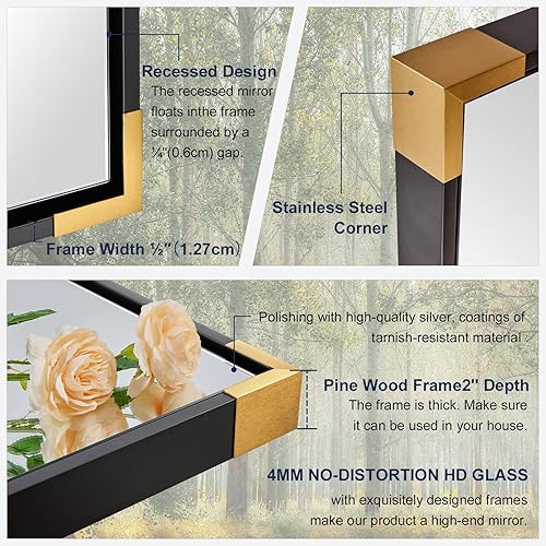 Miniatura 4 de ANDY STAR Espejo de baño negro de madera de pino fuerte de 24 x 32 pulgadas para pared, espejo de pared rectangular con esquina de metal dorado,