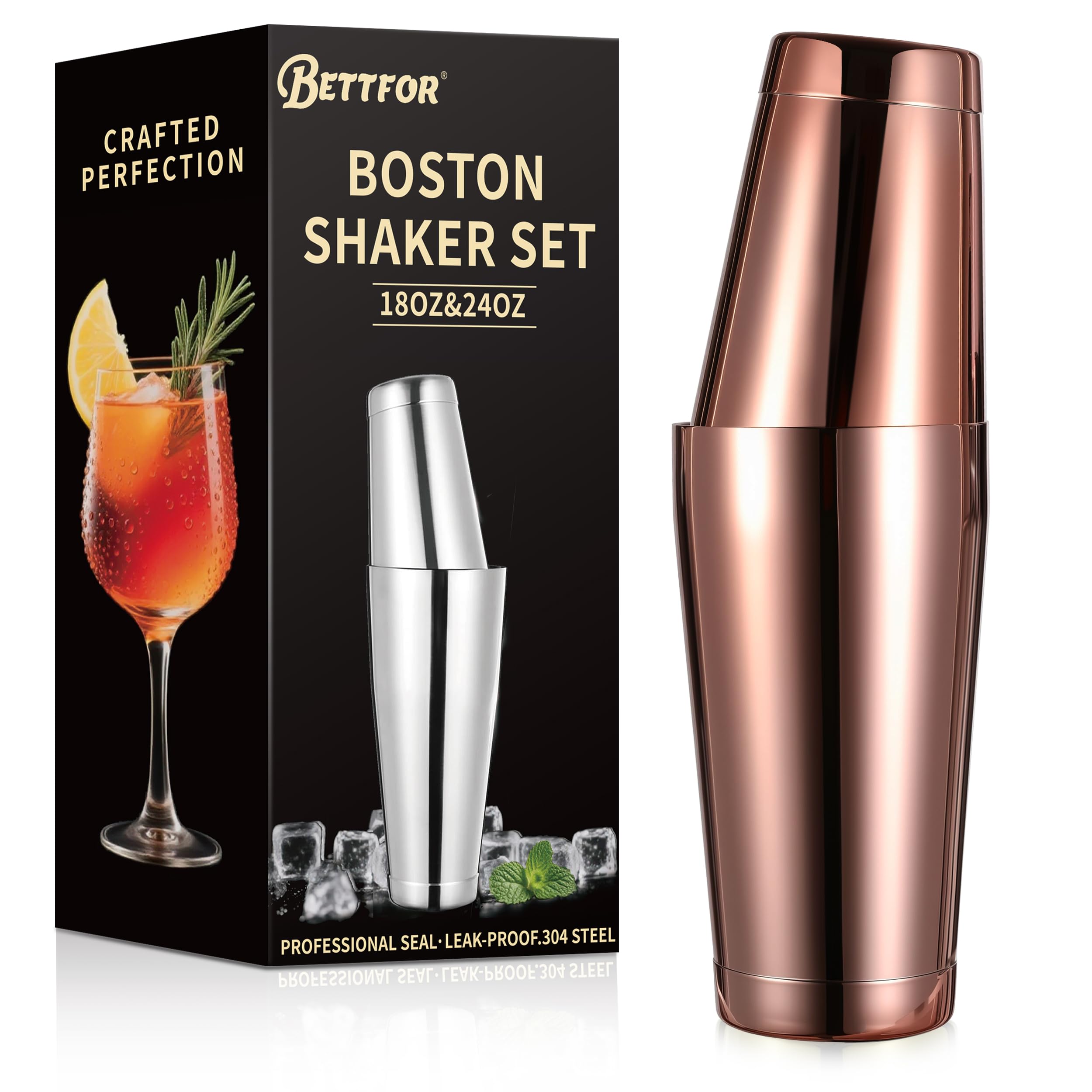 Boston Shaker Set, 18oz &amp; 28oz 2-Piece Tins, Professional 304 Stainless Steel Cocktail Shaker with Leak-Proof Weighted Base for Bartending, Home &amp; Bar Use (RoseGold)