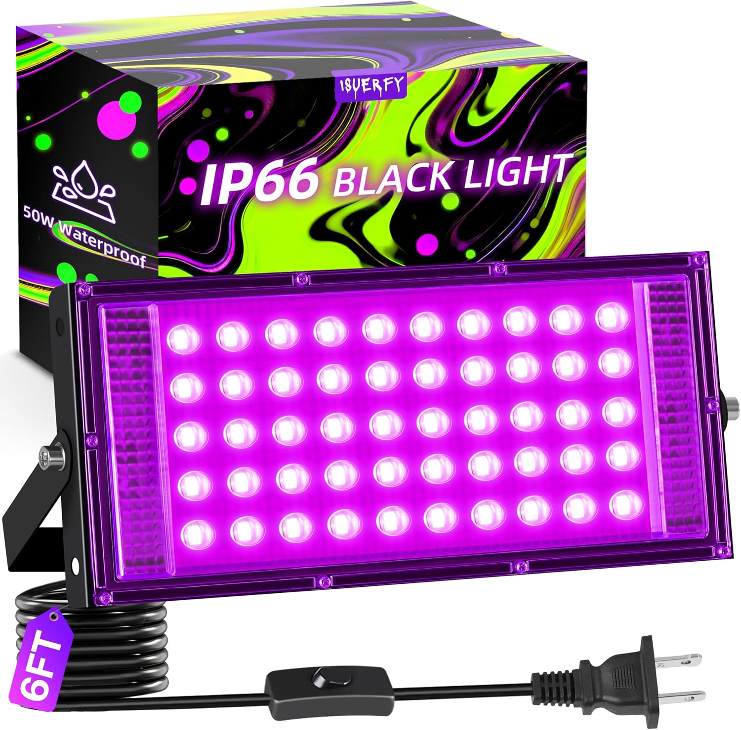50W LED Black Light IP66 Waterproof, Outdoor Blacklight Flood Light with Switch+6FT Cord, Blacklight Spotlight for Neon Glow in The Dark Party Body Paint Fluorescent Poster Classroom Bedroom Halloween