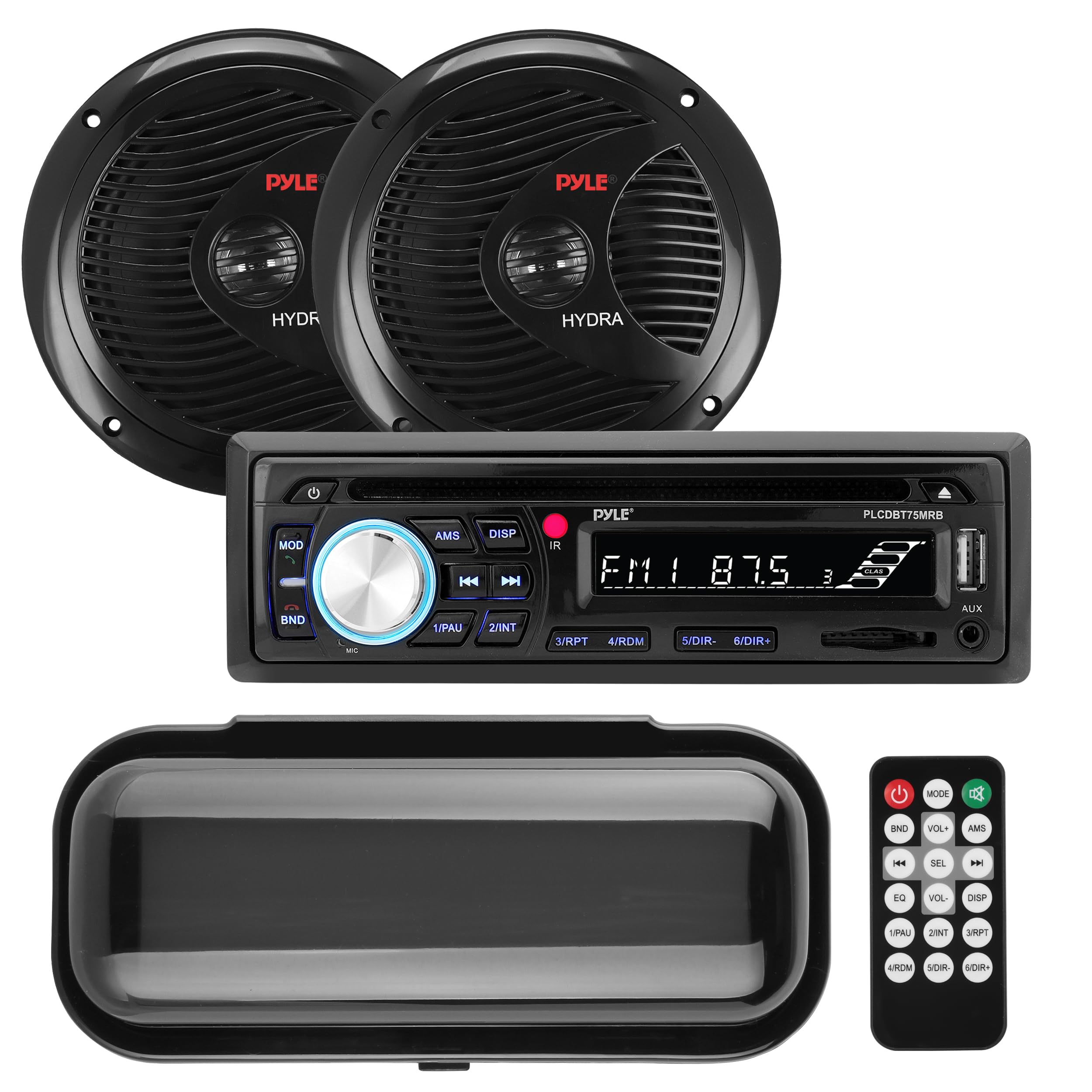 Pyle, Bluetooth Car Stereo, Single DIN Radio, Marine Stereo Receiver Kit with Waterproof 6.5” Speakers, MP3/USB/SD/AUX/FM, Built-in Microphone, Remote Control, Water-Resistant Radio Shield