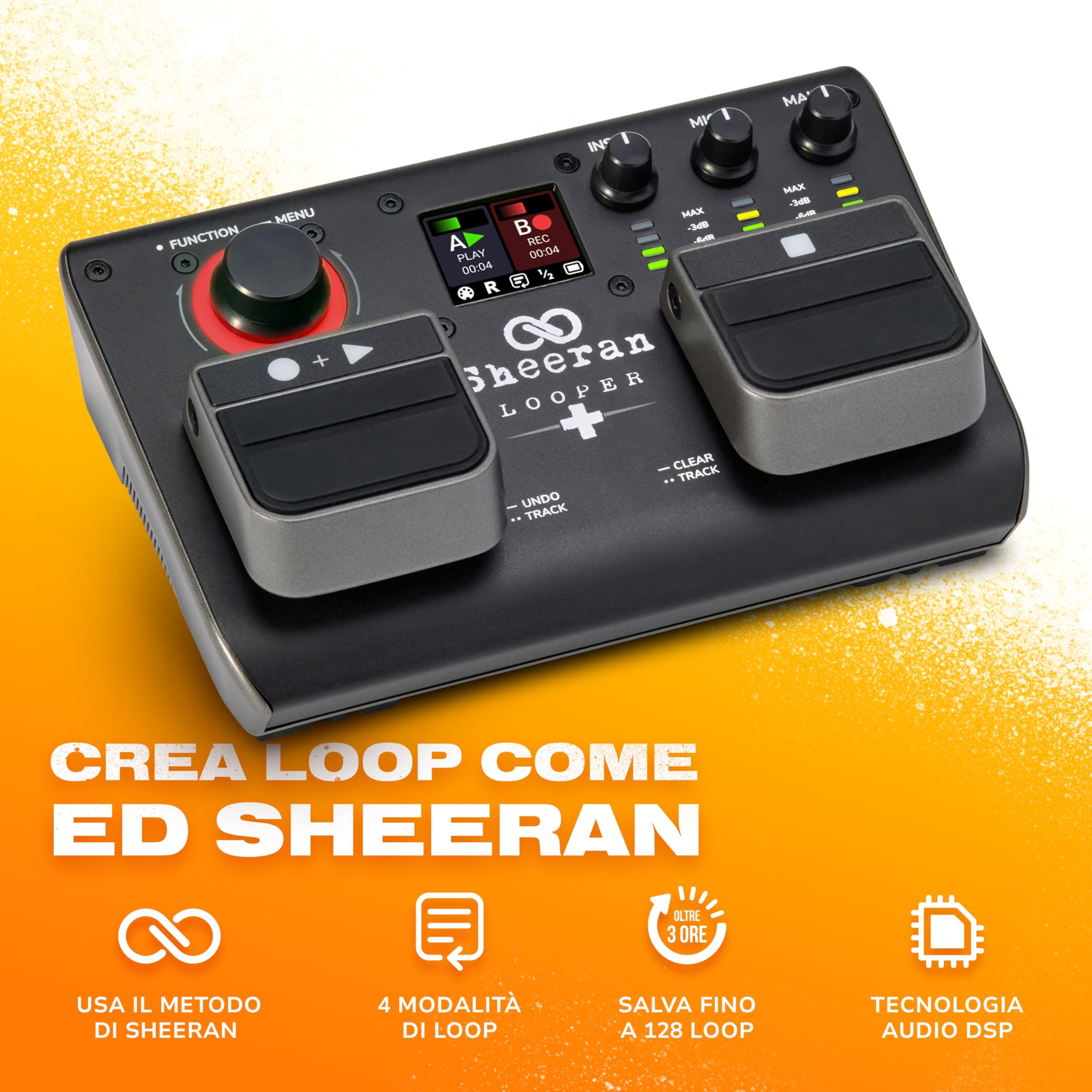 SHEERAN LOOPER + Pedale Due Tracce per Chitarra, Basso, Tastiere, Voce, ecc. 128 Memorie Loop, 4 Modalità di Looping, Schermo LCD e Interfaccia Audio