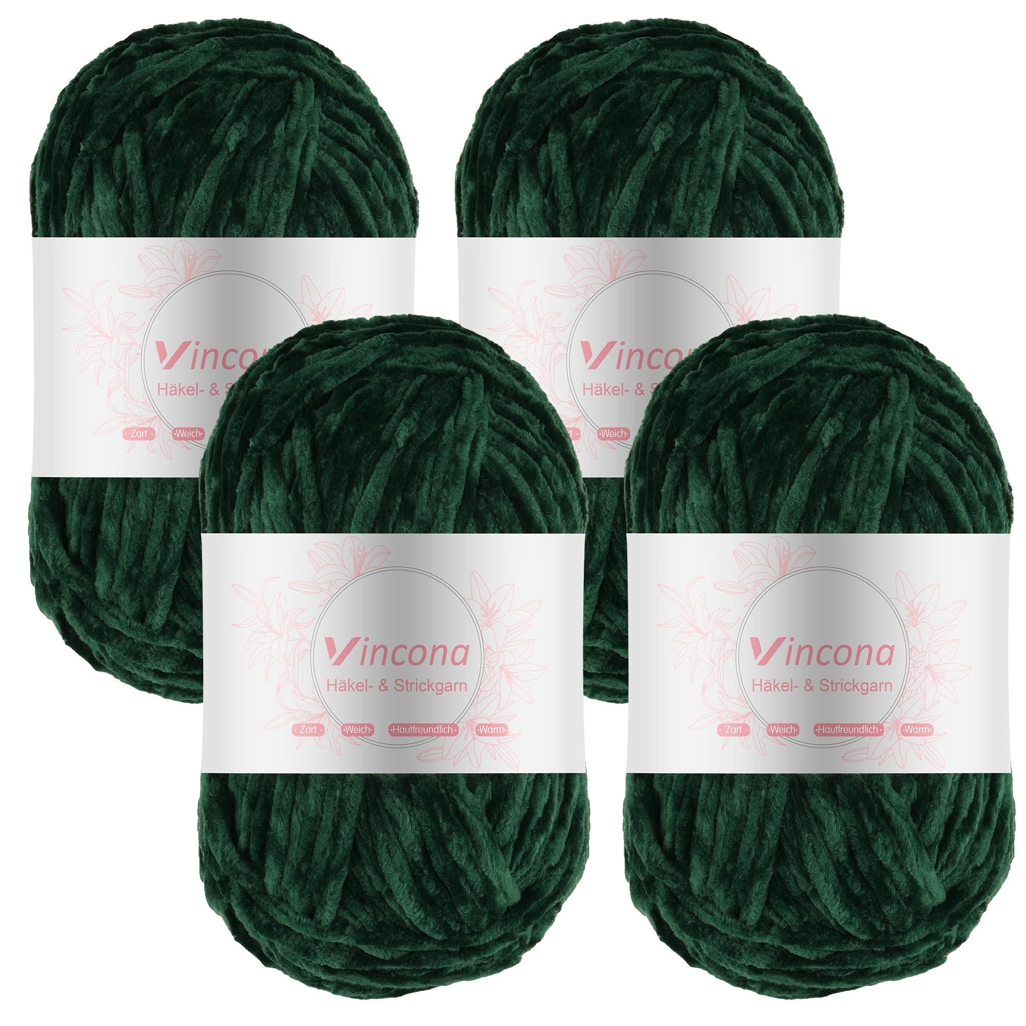 Vincona Chenille Yarn 4 x 100g Super Soft Chunky Yarn for Knitting and Crochet Yarn Clothes, Handbag, Shoes Hats Sweaters Blankets Scarves，DIY- Ideal for Beginners Adults Dark Green