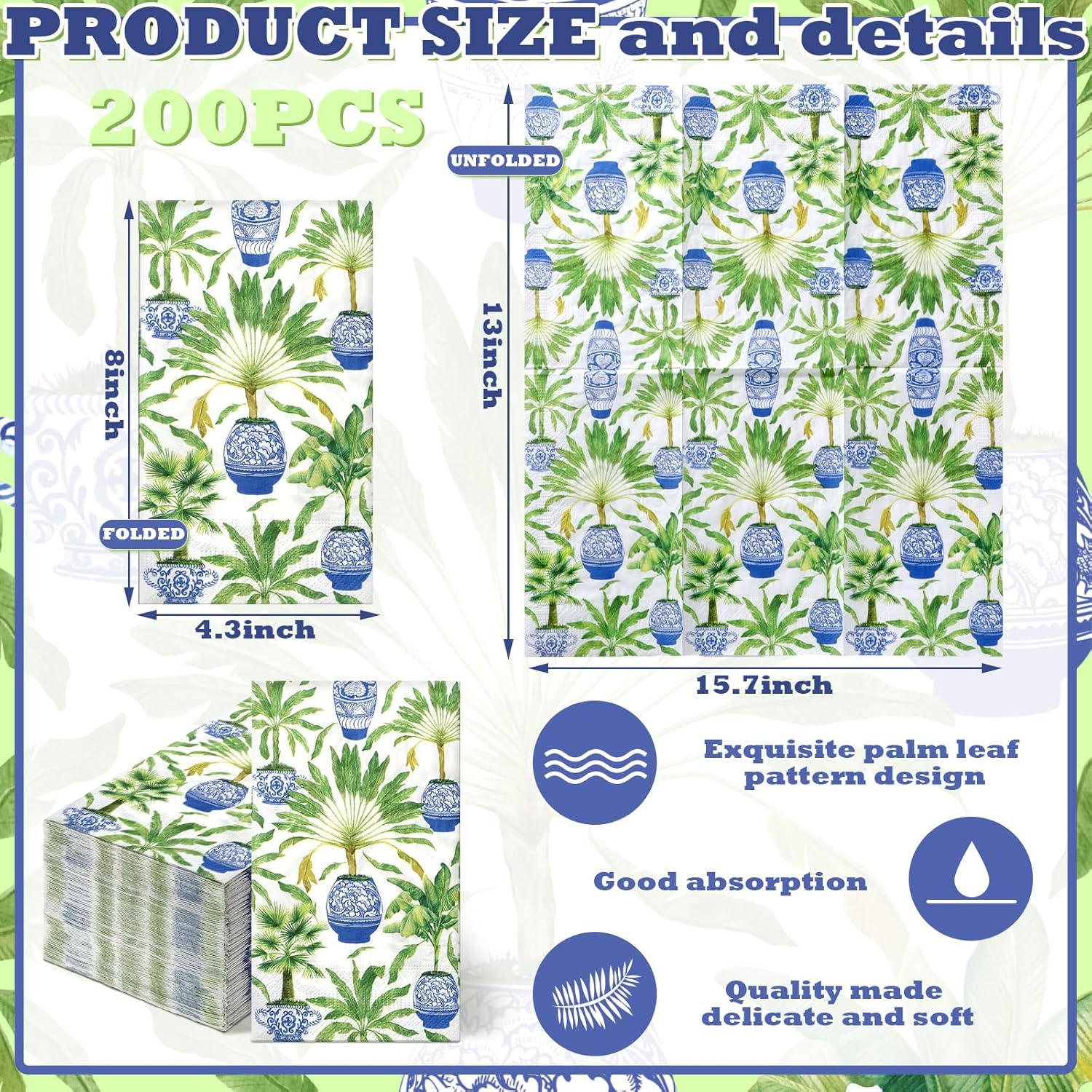 Jetec 200 Pcs Disposable Hand Towels Napkins for Bathroom Tropical Palms Napkins White Potted Palms Paper Guest Towel Summer Decorative Guests for Bathroom Holiday Dinner