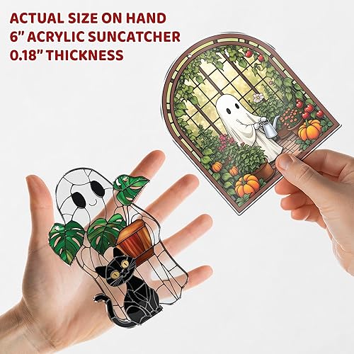 Miniatura 4 de 2 bonitos atrapasoles de decoración de Halloween, espeluznantes lindos fantasmas colgantes de ventana, fantasma con gato negro, adornos de calabaza