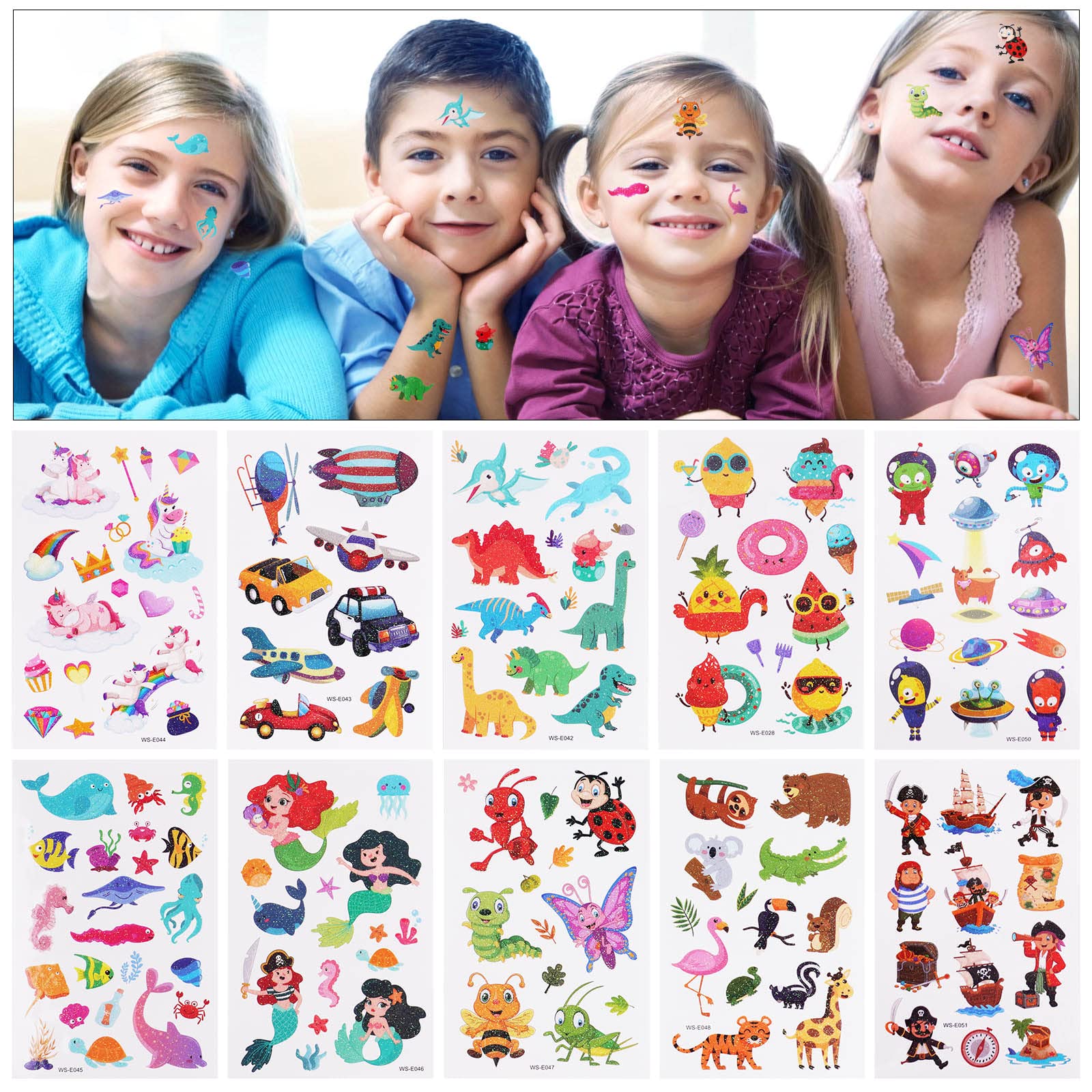 ACWOO Tatuaggi Temporanei per Bambini, Brillante Tatuaggi Finti per Ragazze Ragazzi, 10 Fogli Unicorno + Animale + Dinosauro Tatuaggi Temporanei Set, Giocattoli Gadget per Ragazza Bambini Adulti Festa