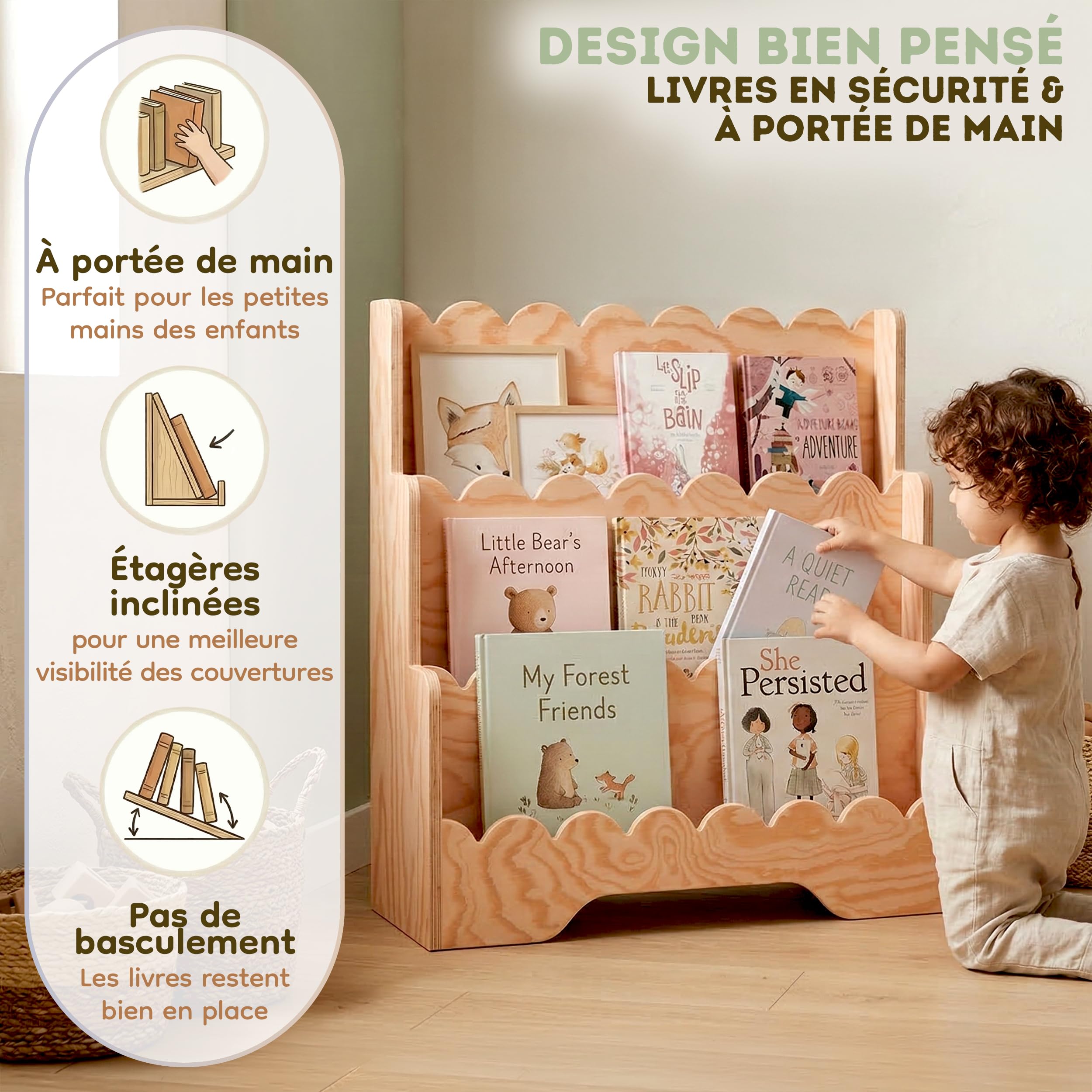 smartwood Bibliothèque Enfant - Étagère Montessori avec 3 Compartiments en Pin Certifié FSC pour Livres et Jouets - 64 x 31,5 x 71 cm - Construction Stable et Montage Facile - Lulu