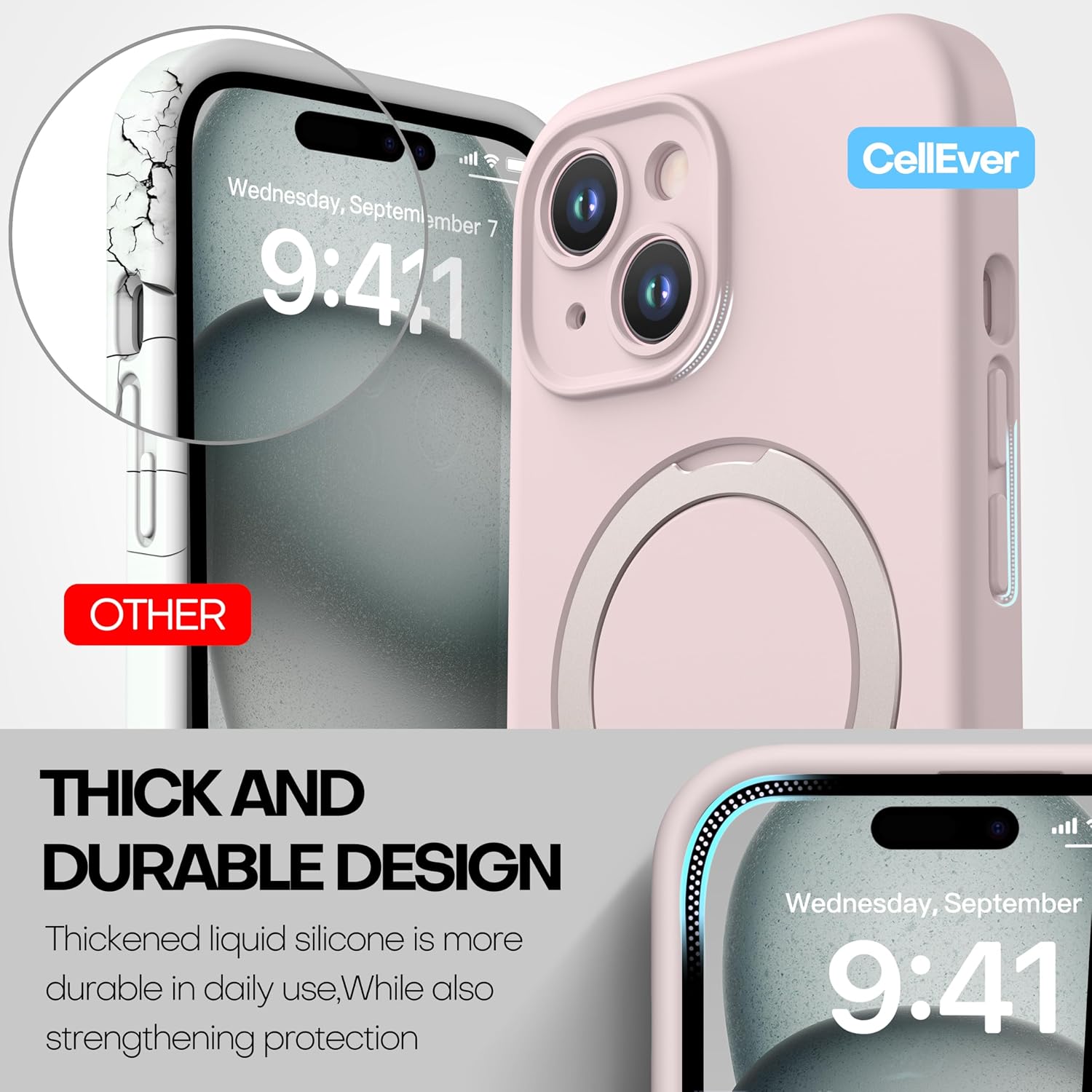 CellEver Strong Magnetic Case for iPhone 15 [for MagSafe Charging] [Camera Protection] Heavy-Duty Protection, Soft Grip Silicone Cover with Kickstand, Chalk Pink