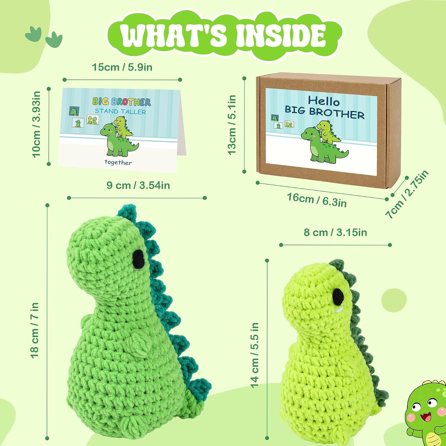 MerriBox Big Brother Gift – Big Brother Little Brother Dinosaur Crochet Gift – Sibling Gifts from New Baby, Birthday Special Occasion Gifts for Older Brother Boys