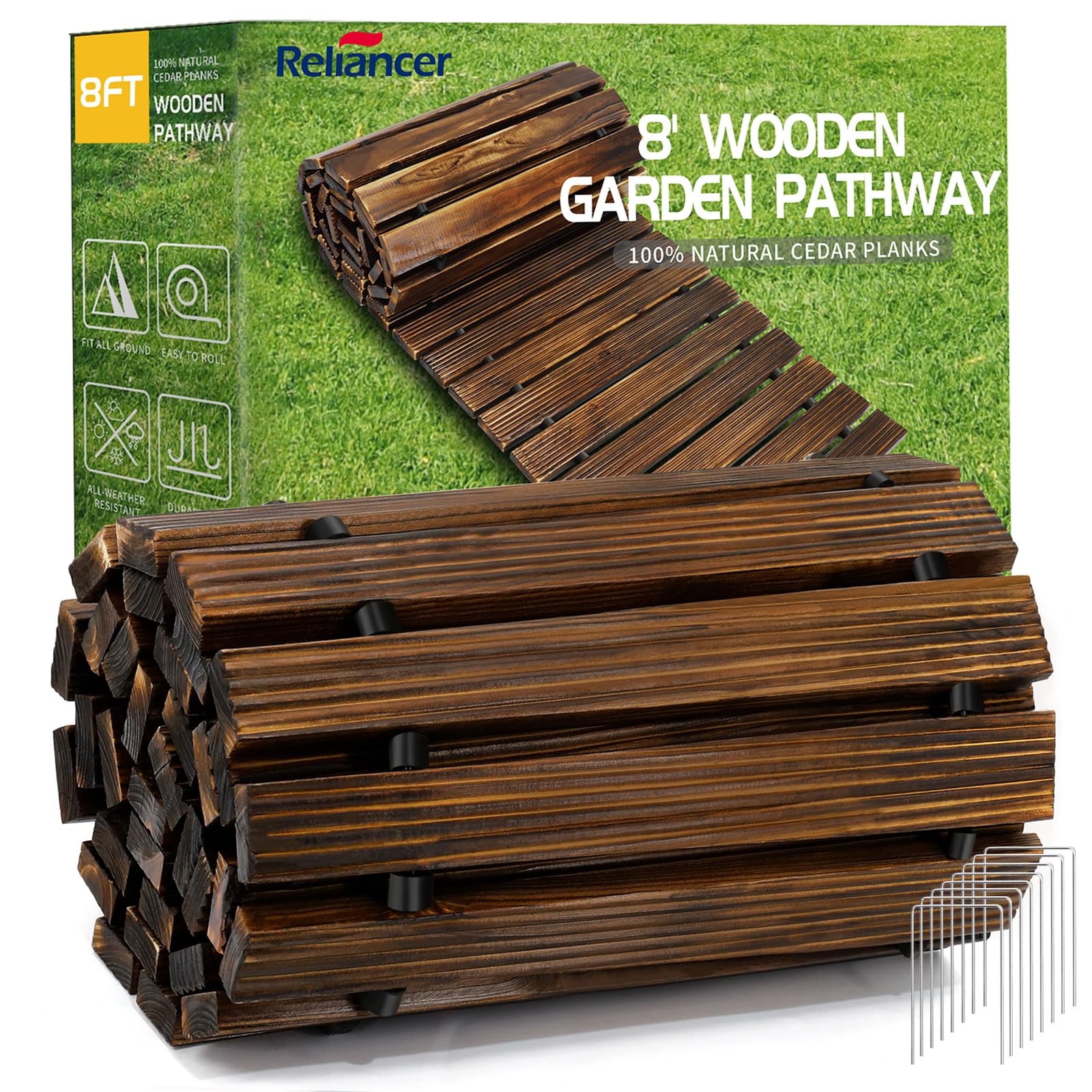 RELIANCER 8' Wooden Garden Pathway,Outdoor Roll Out Cedar Straight Walkway,Patio Path Decorative Garden Boardwalk Walkways,Weather-Resistant Roll Up Beach Wood Road Floor,Wedding Party Pathways