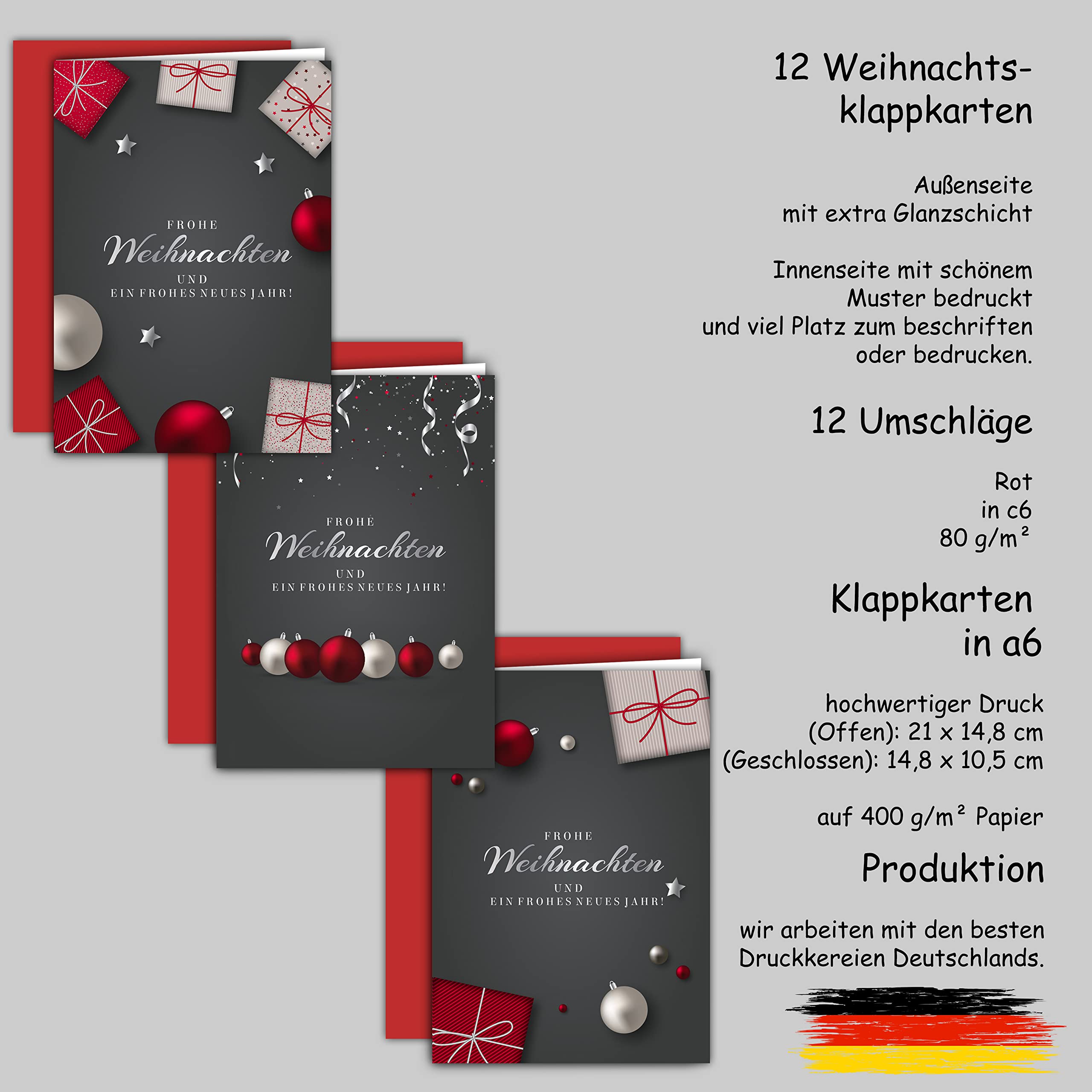 Set of 12 Christmas Cards Folding Cards Square with Envelopes Card Cards Envelopes Shiny Merry Christmas Xmas Grey Red Black Ball Gift Christmas Greetings - Image 2