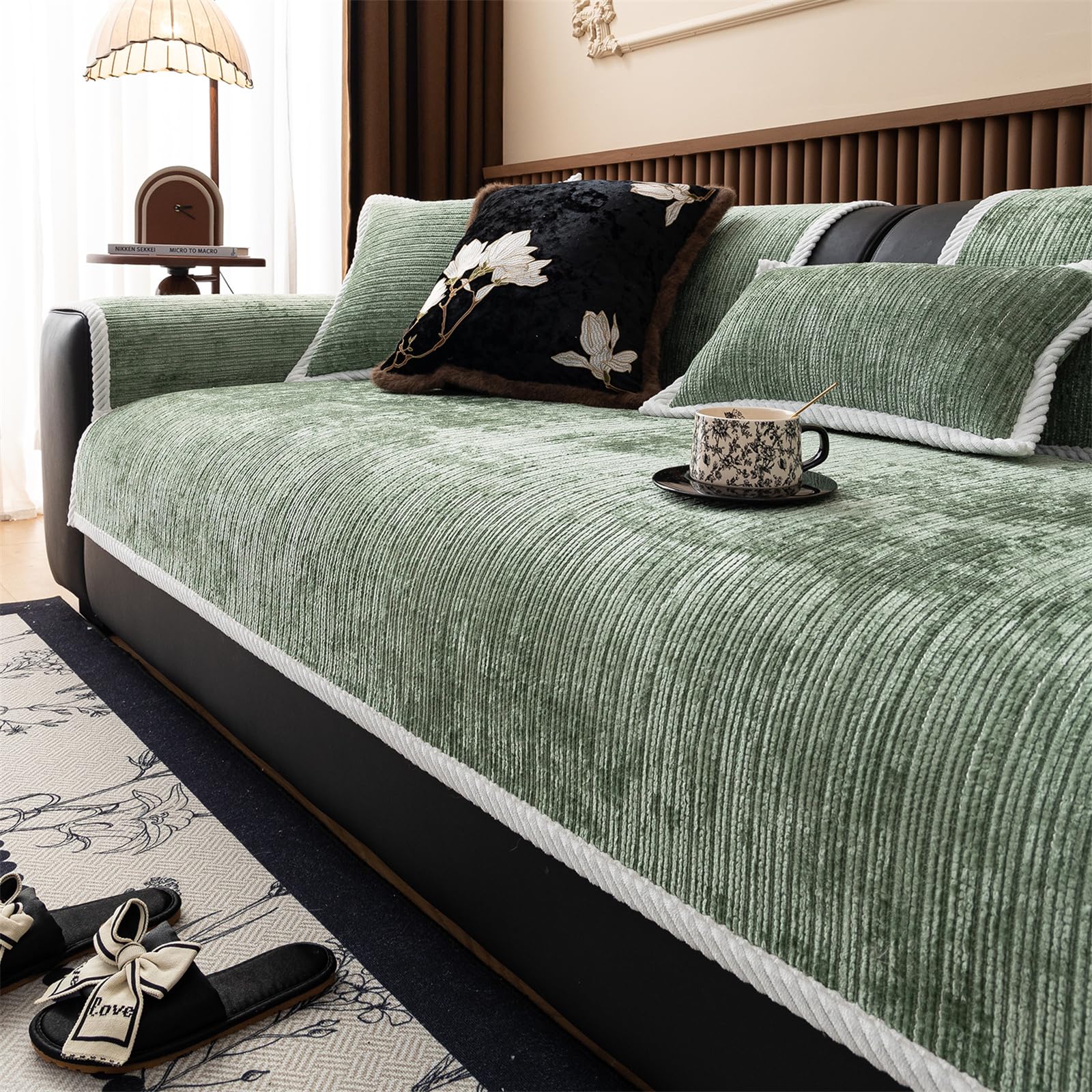 Lingky Chenille Green Sofa Cover 1 2 3 4 Seater Non Slip Sofa Slipcovers Washable Chenille Textured Sofa Cushion Covers Sectional Couch Covers Sofa Protectors From Pets/Kids/Dogs (Green,90X180cm)